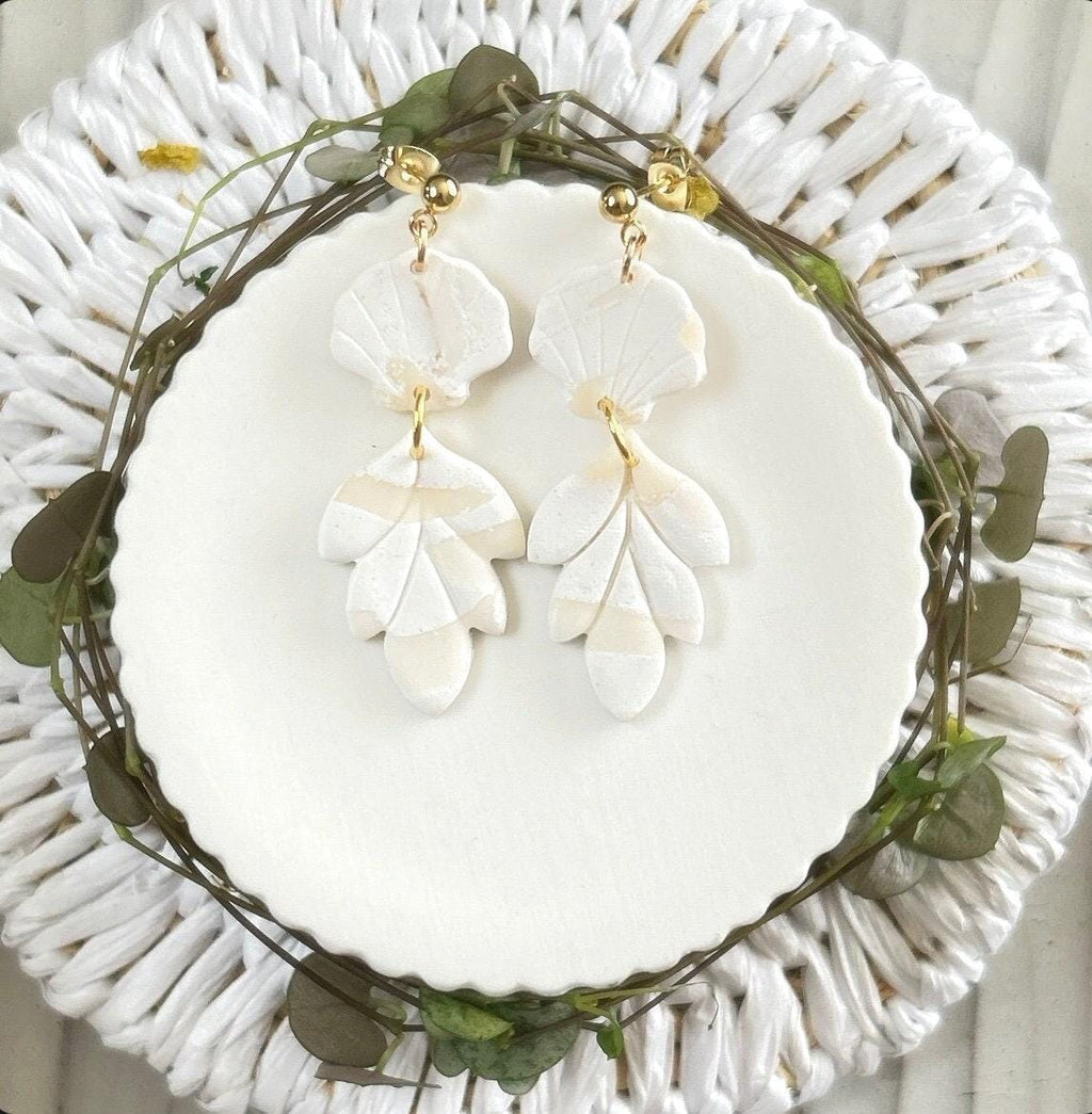 White Cream Beachy Earrings, Coastal Vacation Drop Dangles, Large Leaf Handmade Clay Jewelry Gift