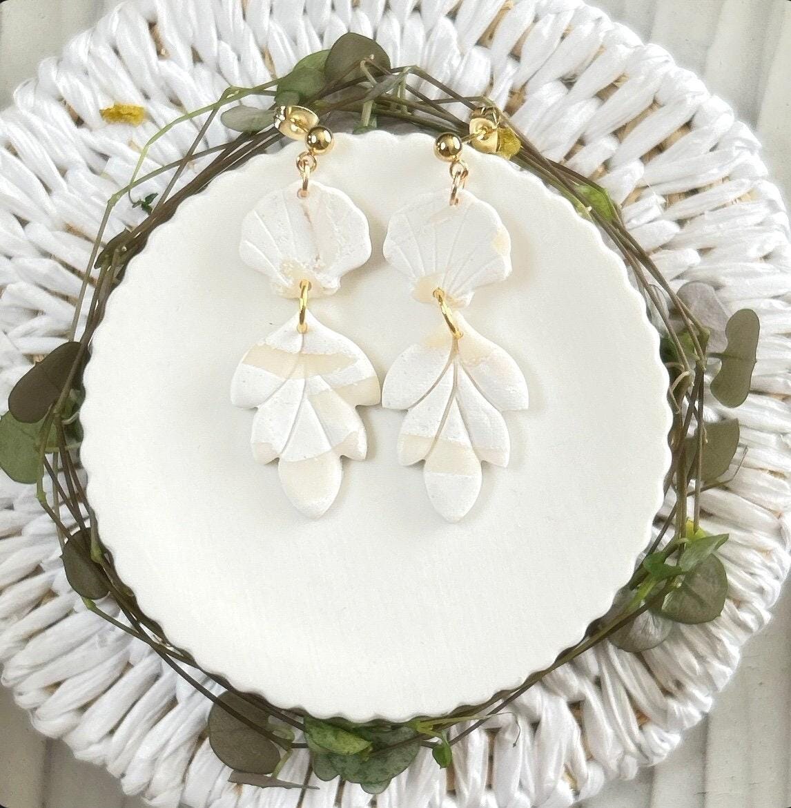 White Cream Beachy Earrings, Coastal Vacation Drop Dangles, Large Leaf Handmade Clay Jewelry Gift
