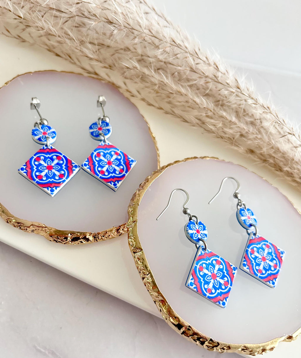 Cobalt Blue Tile 4th of July Earrings, Greek Dangles, Handmade Boho Clay Jewelry
