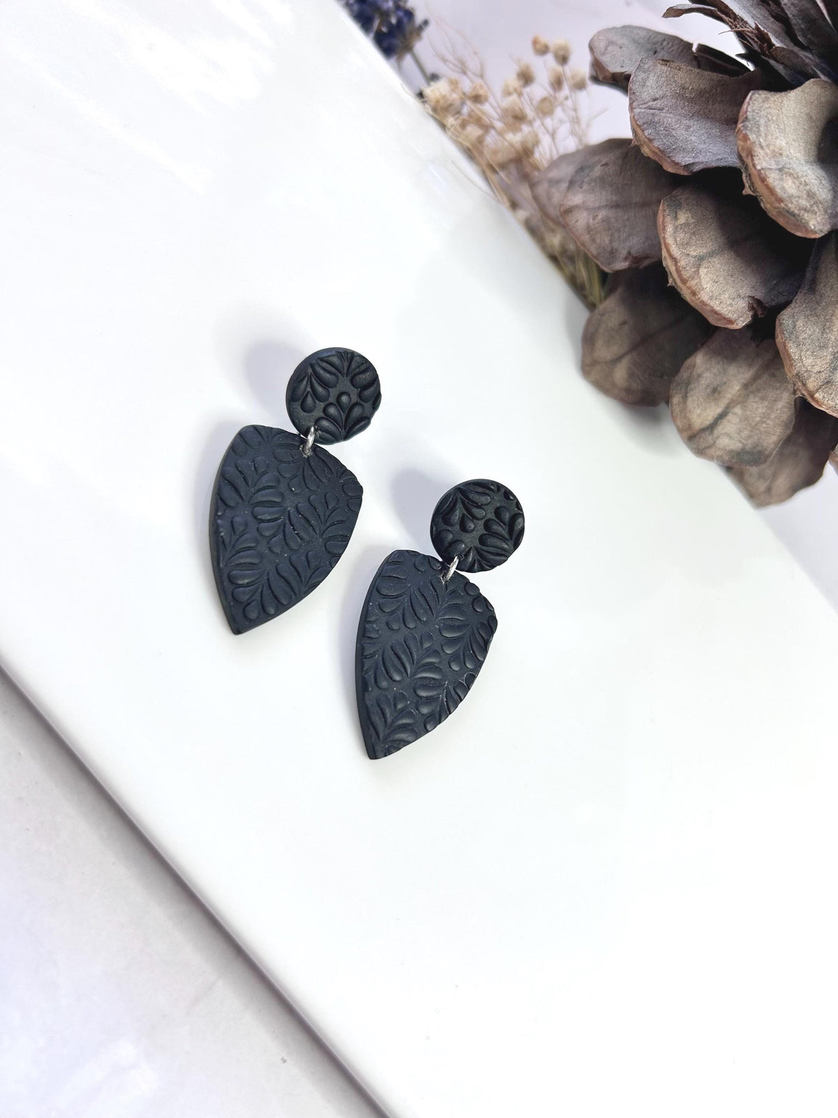 Black Clay Earrings, Geometric Dangles, Stud Dangles, Handmade Polymer Unique Jewelry Gift
