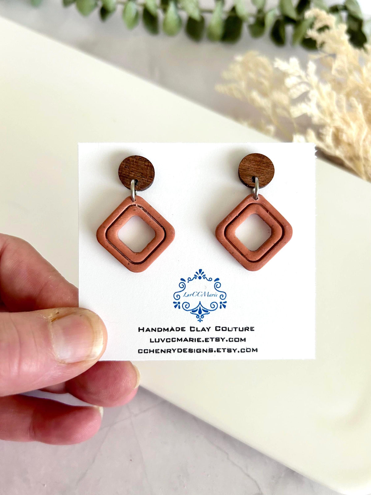 Terracotta Drop Earrings, Geometric Clay & Wood Handmade Fashion Boho Jewelry