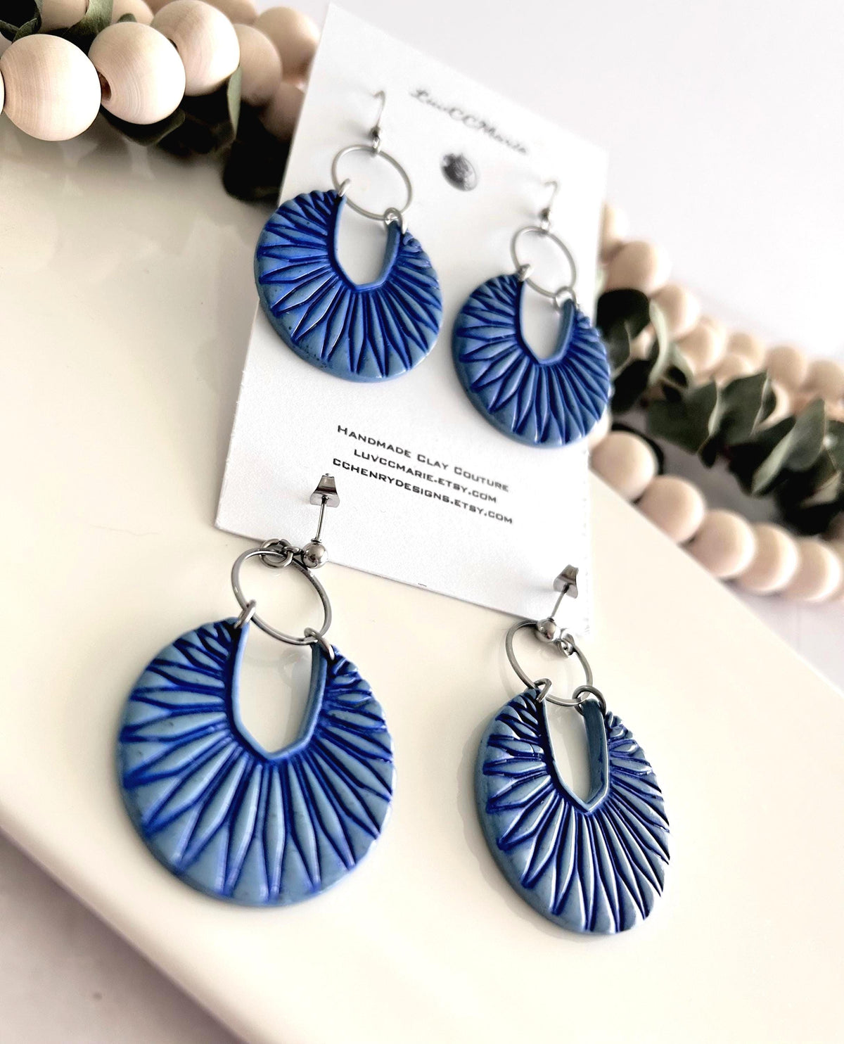 Denim Blue Boho Earrings, Navy and Silver Hoop Dangles, Handmade Clay Jewelry Gift