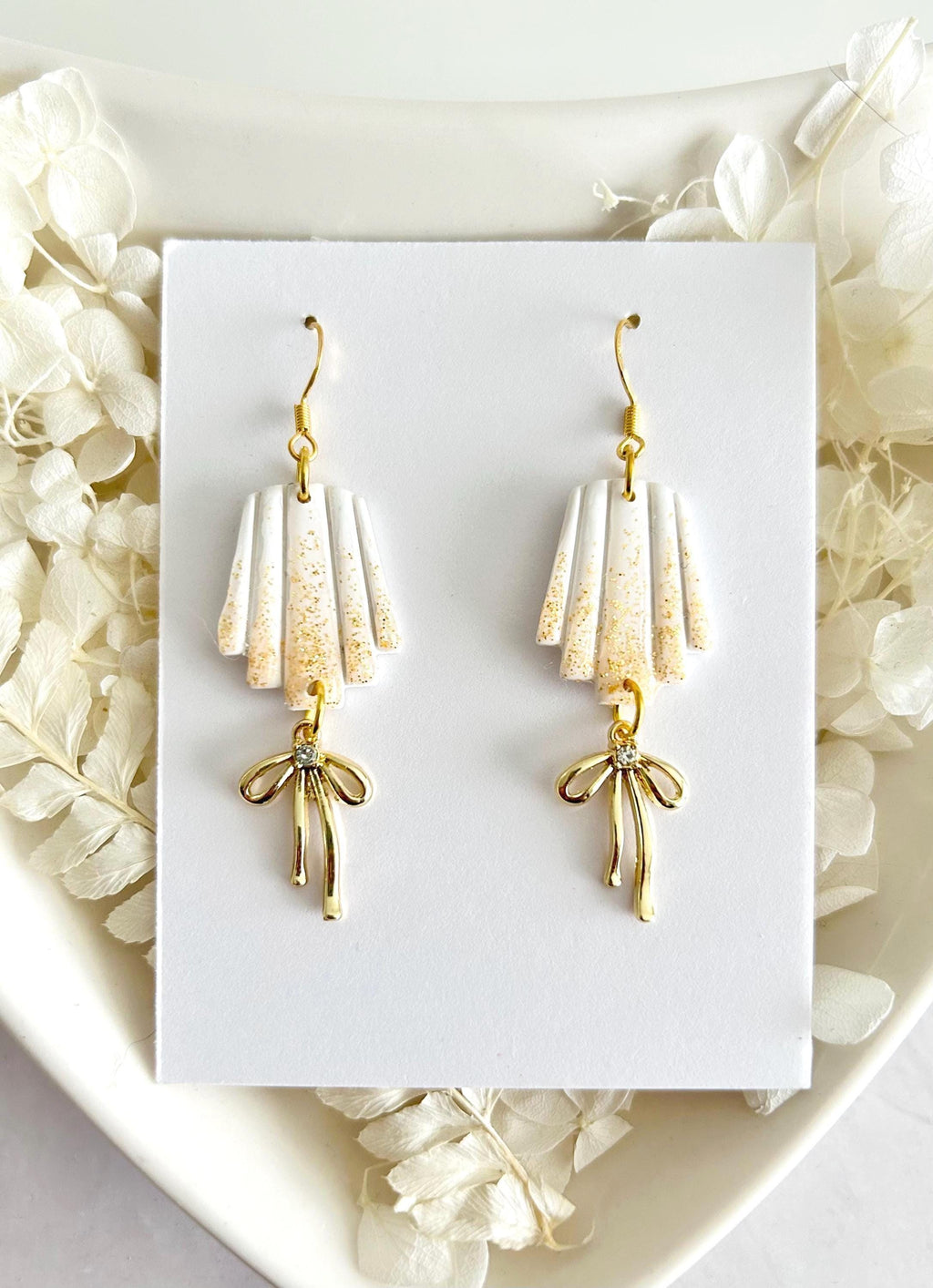 Sparkly Dangles, Bow Earrings, Modern Wedding Clay Jewelry, Handmade Gift For the Bride