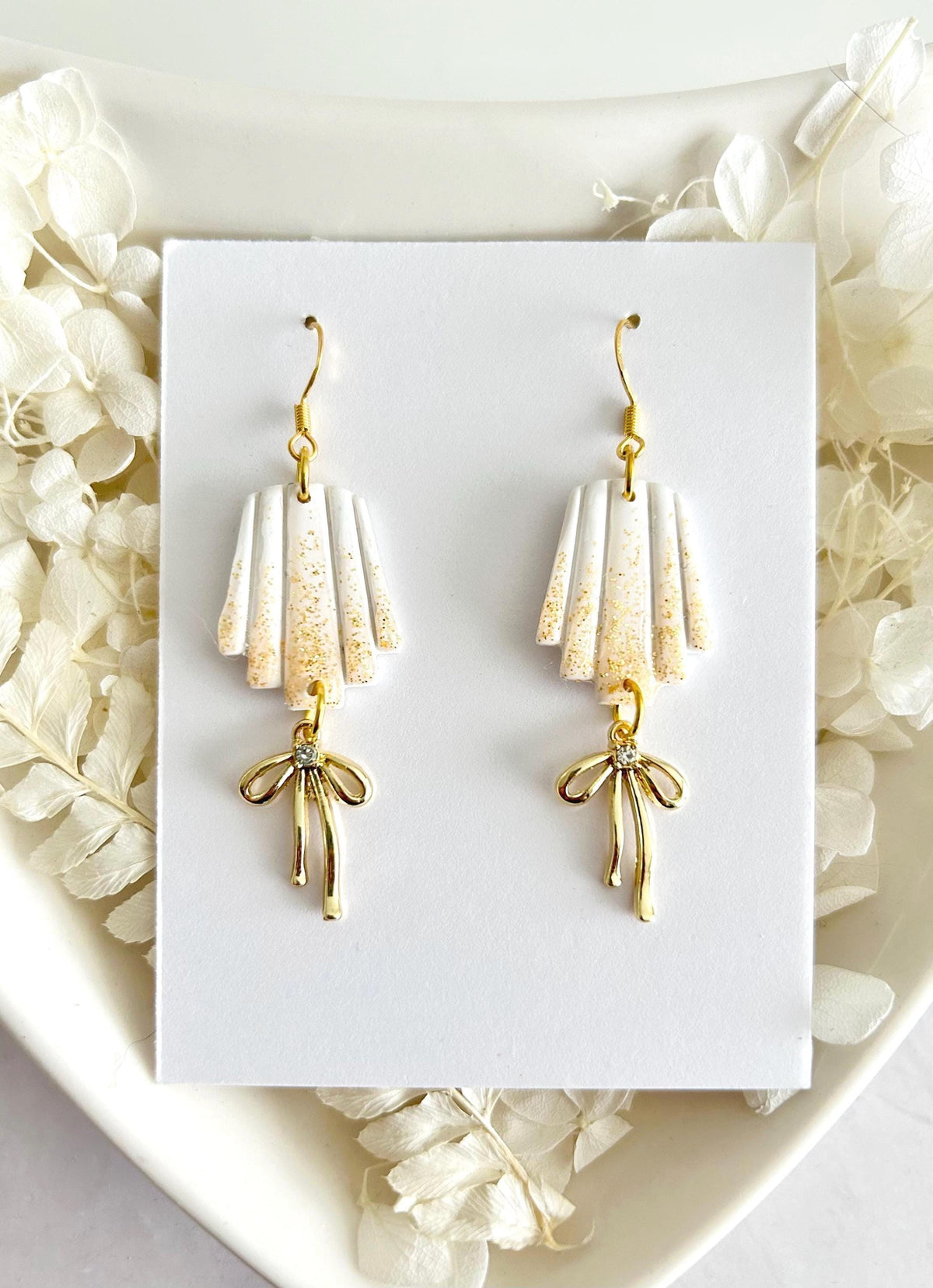 Sparkly Dangles, Bow Earrings, Modern Wedding Clay Jewelry, Handmade Gift For the Bride