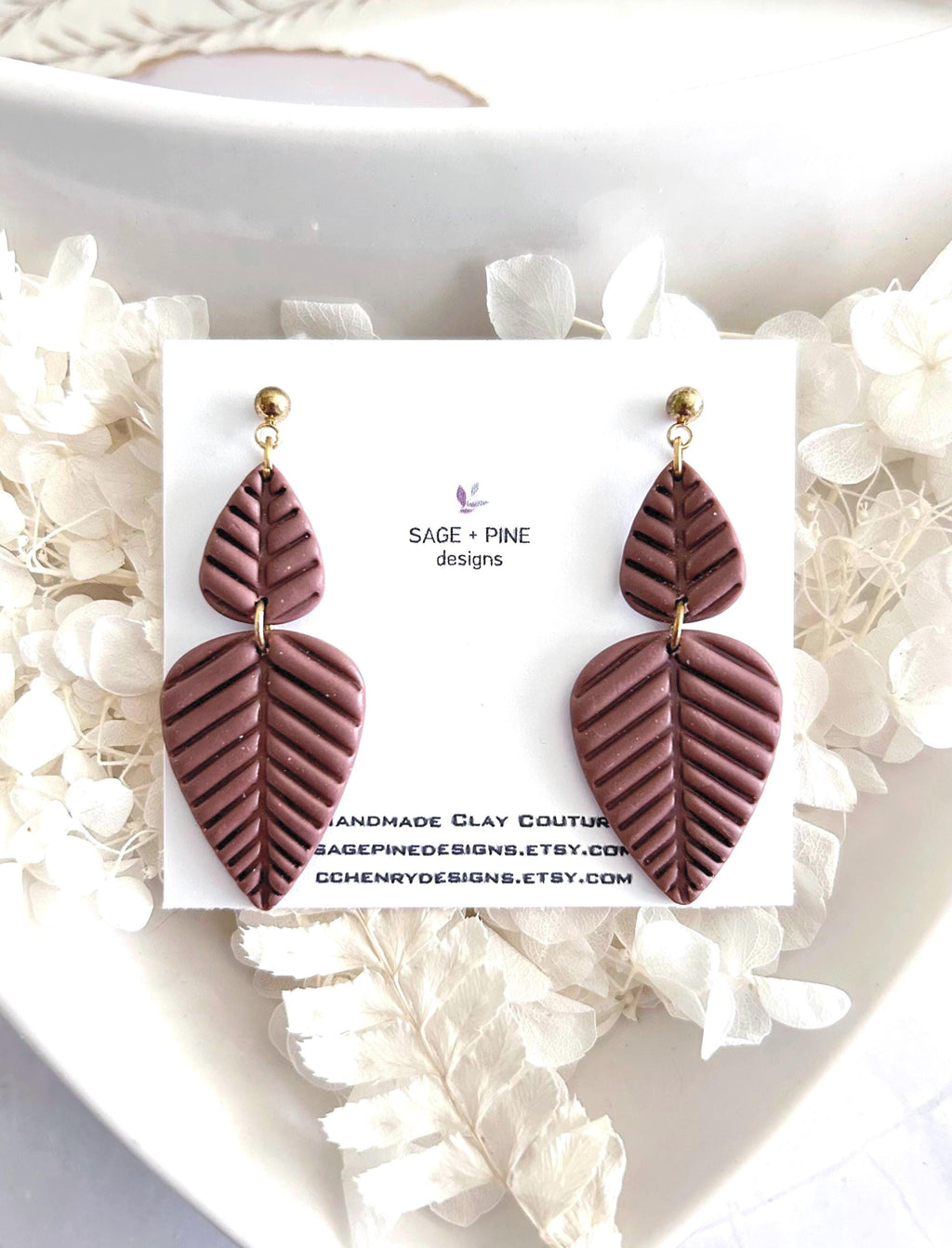 Chocolate Brown Leaf Earrings, Fall Leaves Stud Drop Dangles, Handmade Clay Boho Jewelry