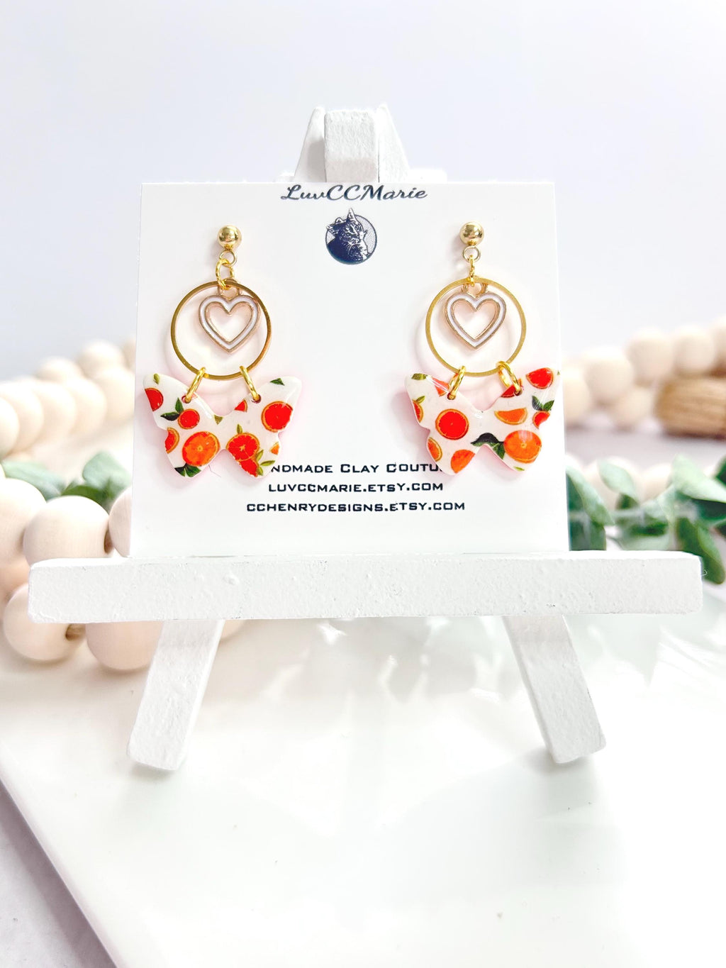 Handmade Orange Butterfly Clay Earrings: Boho Heart Charm Dangles