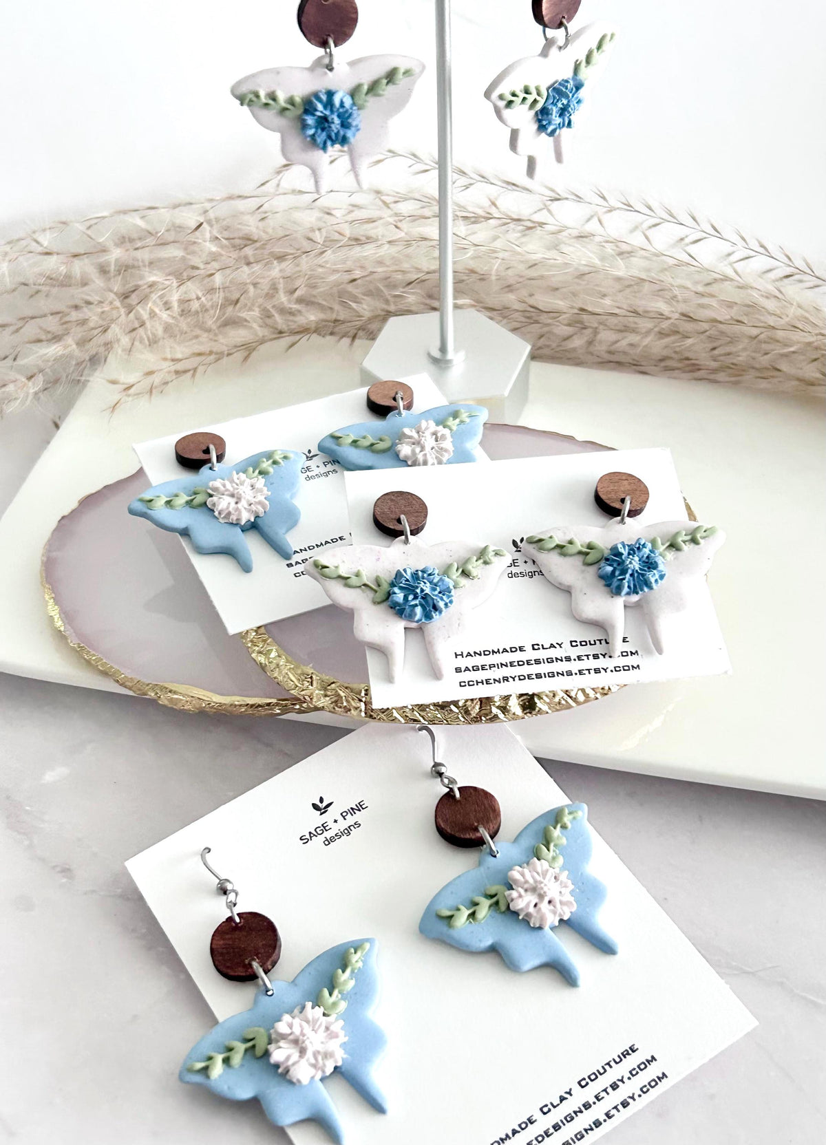 Handmade Clay Moth Earrings, Light Blue and White Floral Dangles, Pastel Wings, Wood Polymer