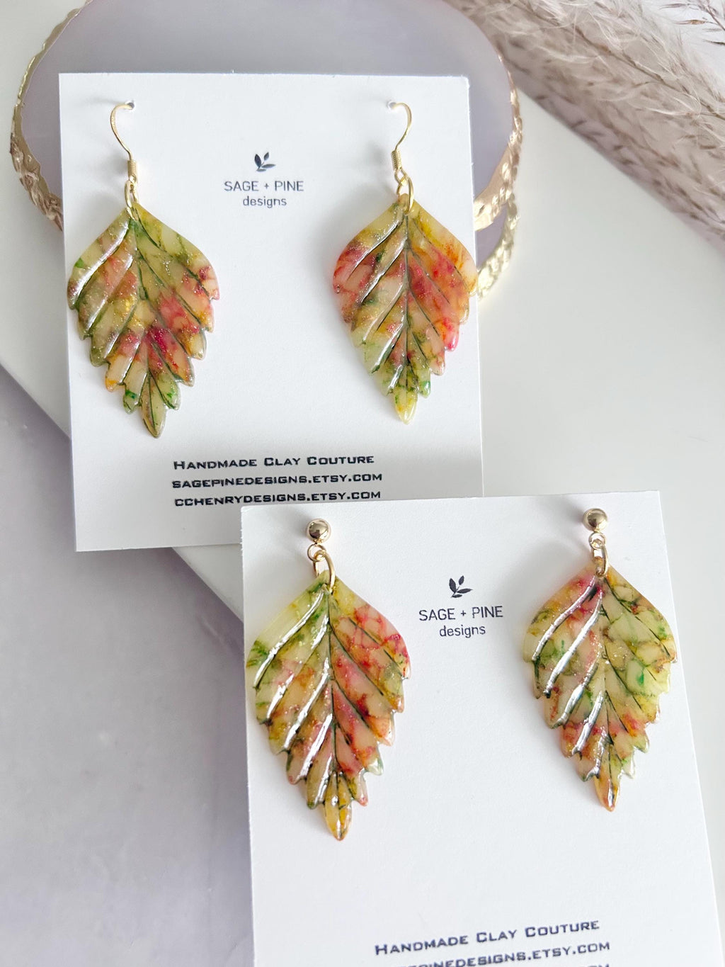 Multicolor Fall Leaf Earrings, 24k Gold Colorful Clay Dangles, Hypoallergenic Lightweight Boho Jewelry