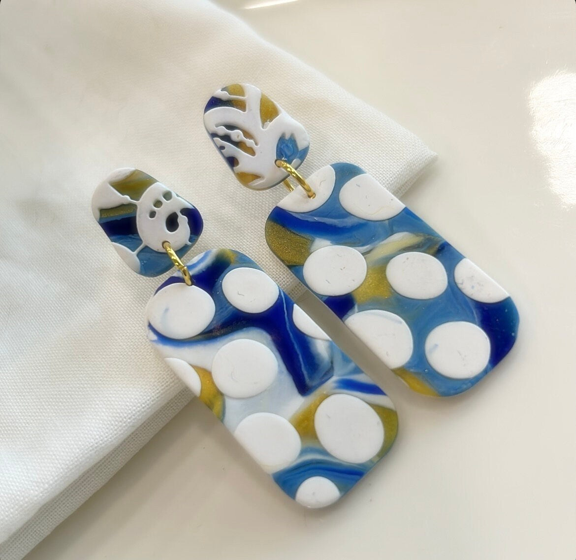 Handmade Clay Polka Dot Stud Dangles, Cobalt, White & Gold Dangle Earrings, Long Boho Jewelry