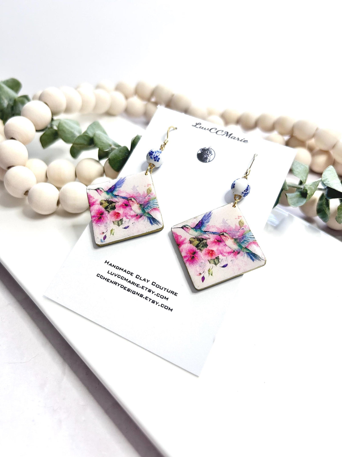 Hummingbird Bead Dangles Earrings, White, Pink and Light Blue Handmade Clay Jewelry Gift