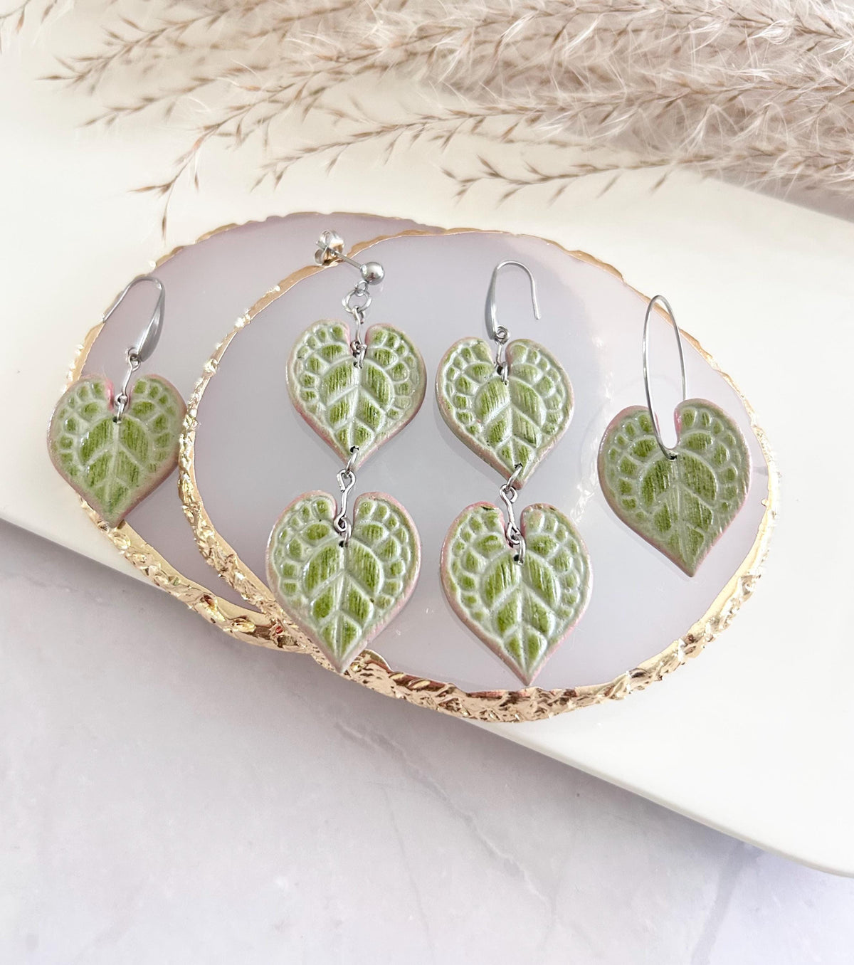 String of Hearts Leaf Earrings, Olive Pink Leaf Dangles, Clay Drop Houseplant Jewelry