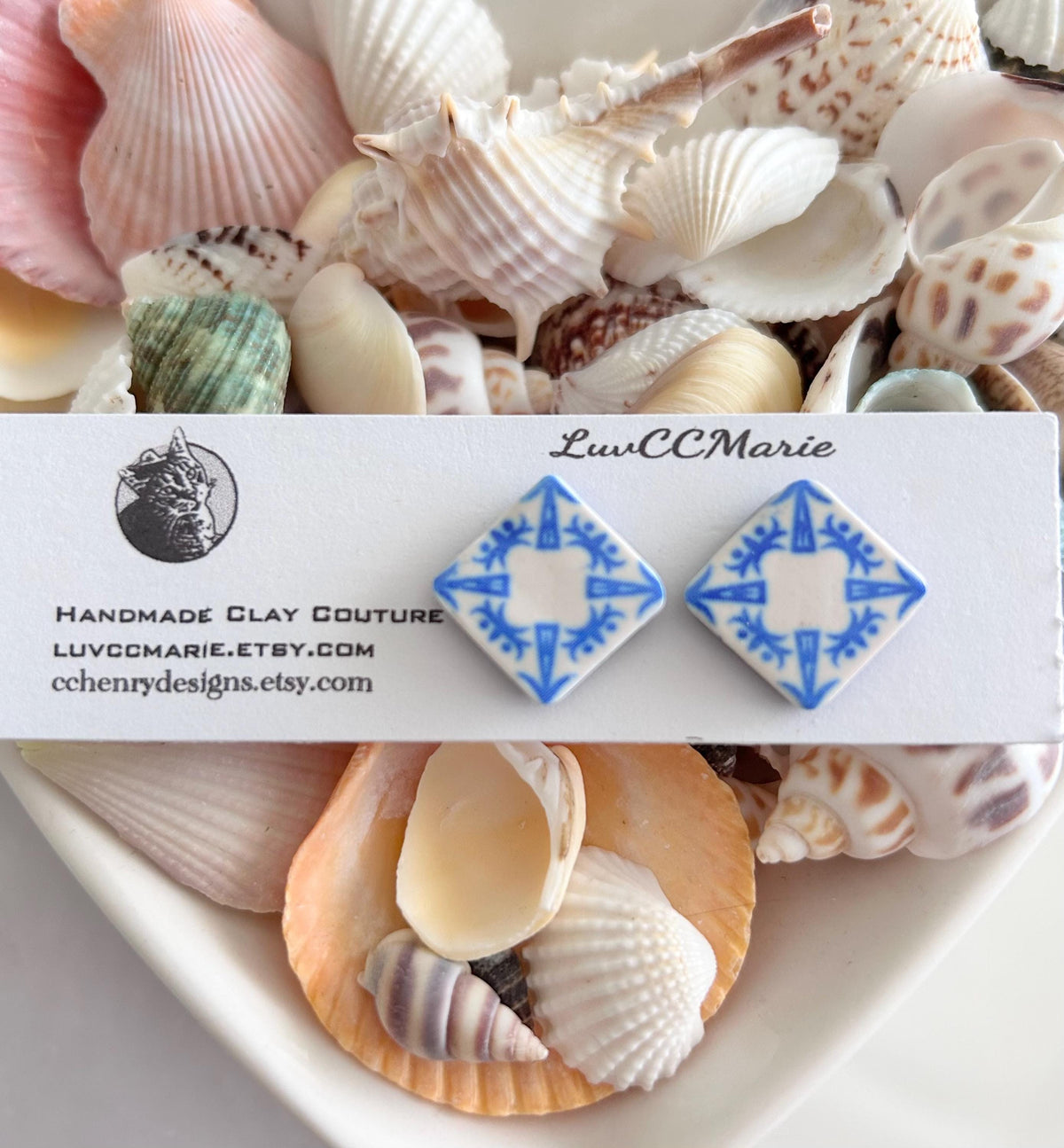 Handmade Santorini Tile Stud Earrings, Blue White Polymer Clay, Boho Jewelry