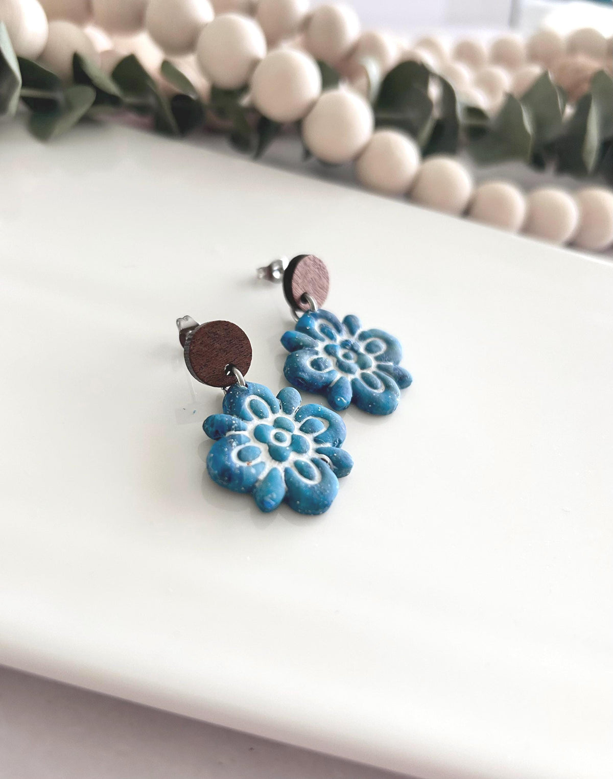 Teal & White Santorini Tile Clay Earrings, Boho Flower Mediterranean Dangles