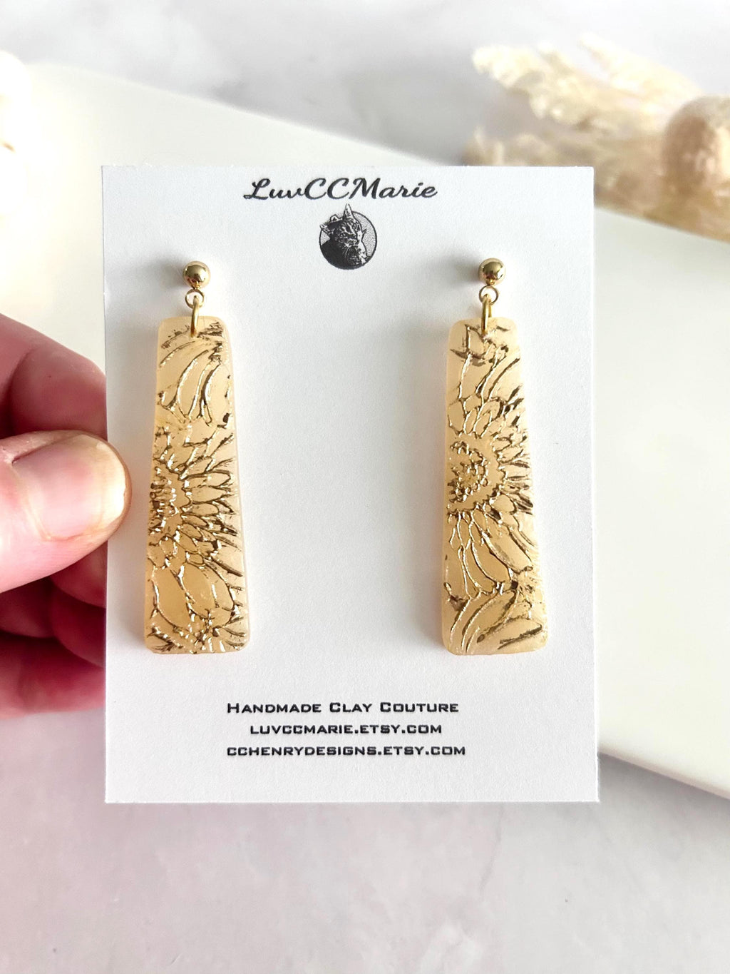 Sunflower Earrings, Bar Dangles, Gold and Cream, Handmade Lightweight Hypoallergenic Jewelry