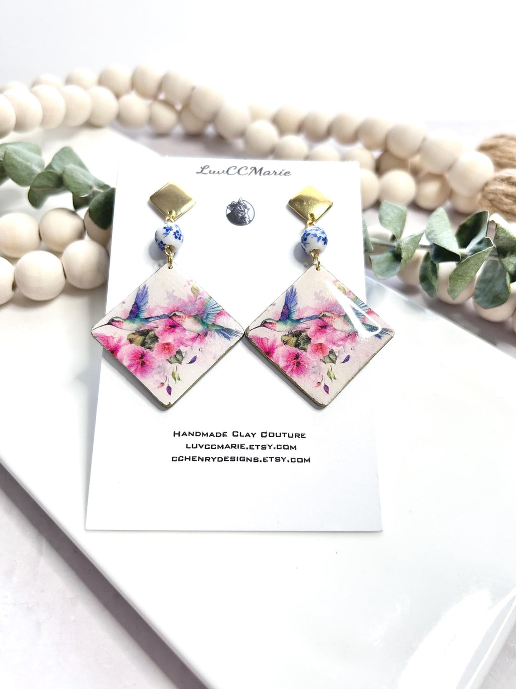 Hummingbird Bead Dangles Earrings, White, Pink and Light Blue Handmade Clay Jewelry Gift
