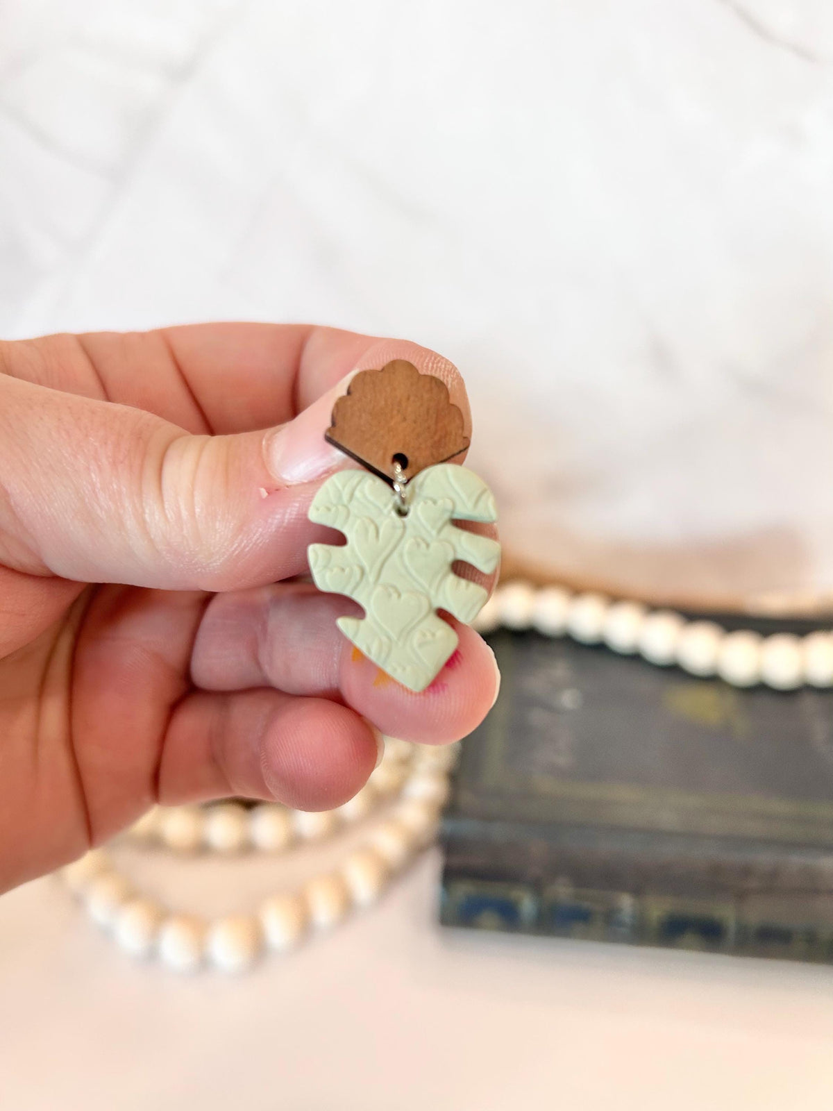 Handmade Sage Green Monstera Heart Clay Earrings, Walnut Studs, Boho Jewelry