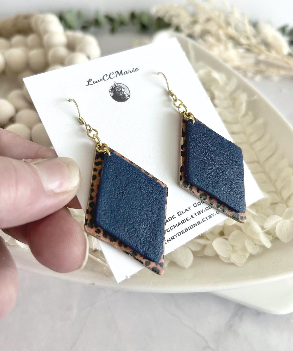 Navy Blue Leopard Print Hoop Earrings, Clay Dangles, Handmade Hypoallergenic Surgical Stainless Steel