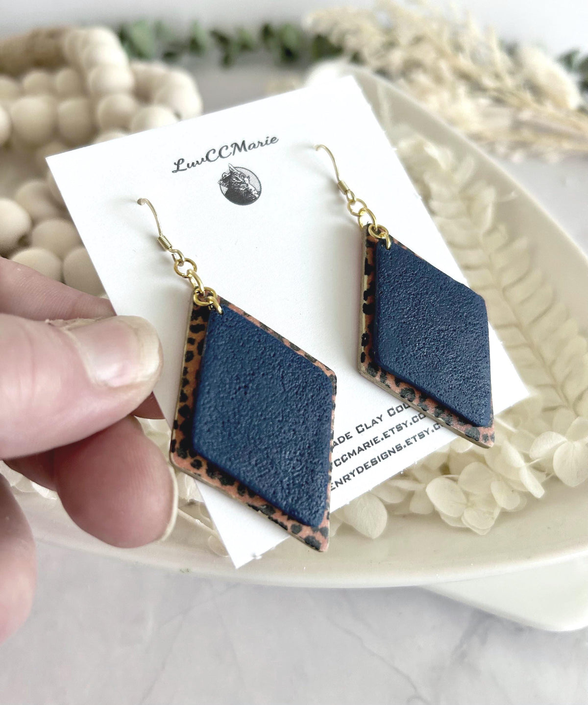 Navy Blue Leopard Print Hoop Earrings, Clay Dangles, Handmade Hypoallergenic Surgical Stainless Steel