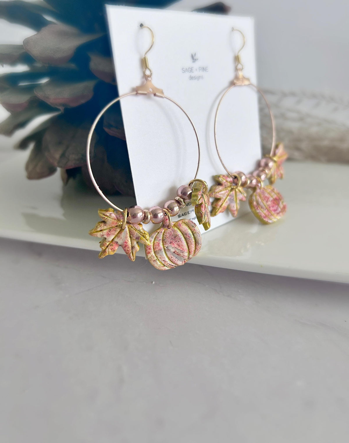 Fall Leaf Clay Earrings, Pumpkin Maple Beaded Hoop Dangles, Boho Hypoallergenic Lightweight Jewelry