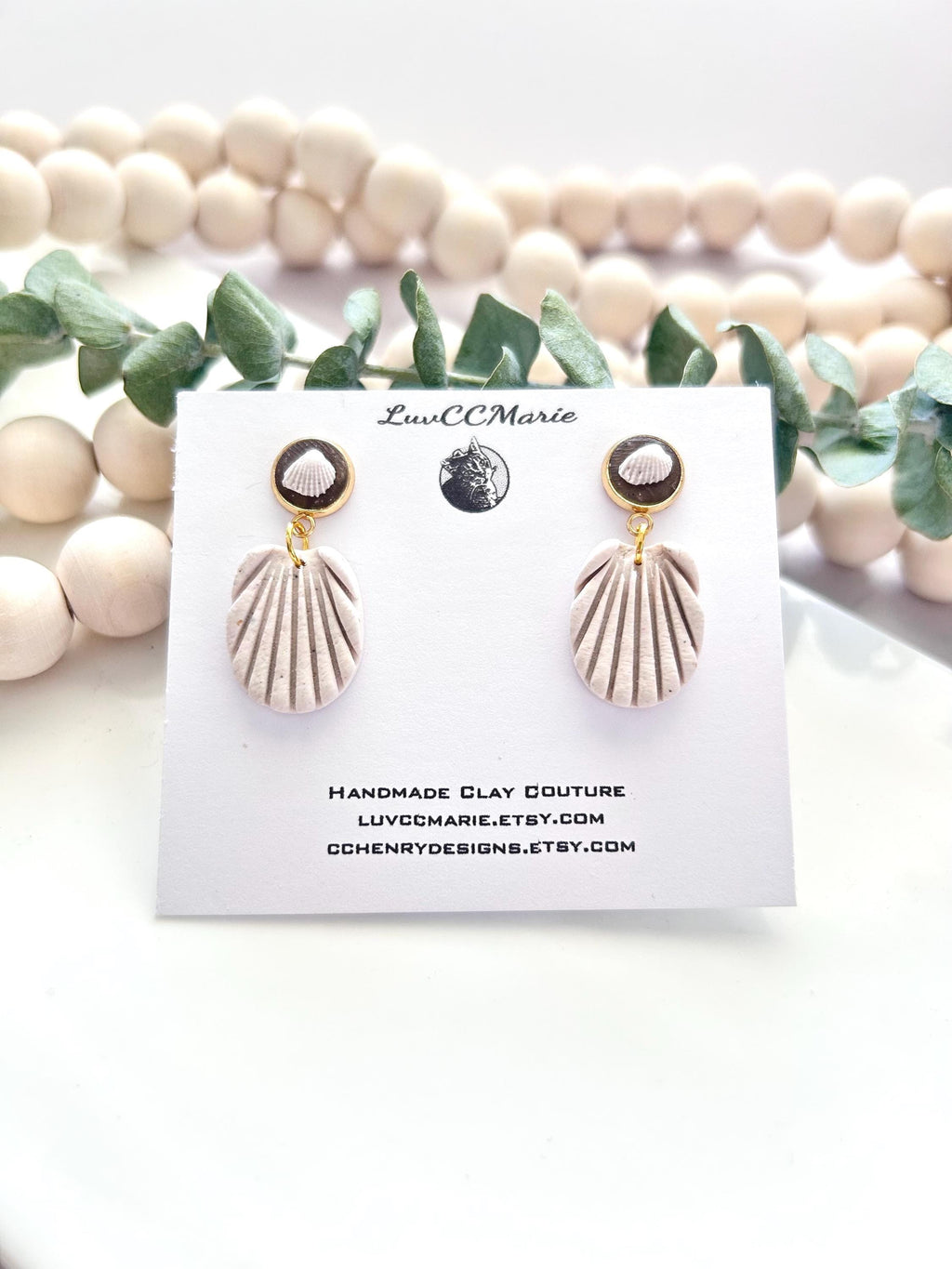 Seashell Earrings, White Clay Beach Wedding Stud Dangles, Boho Jewelry Gift for Bride