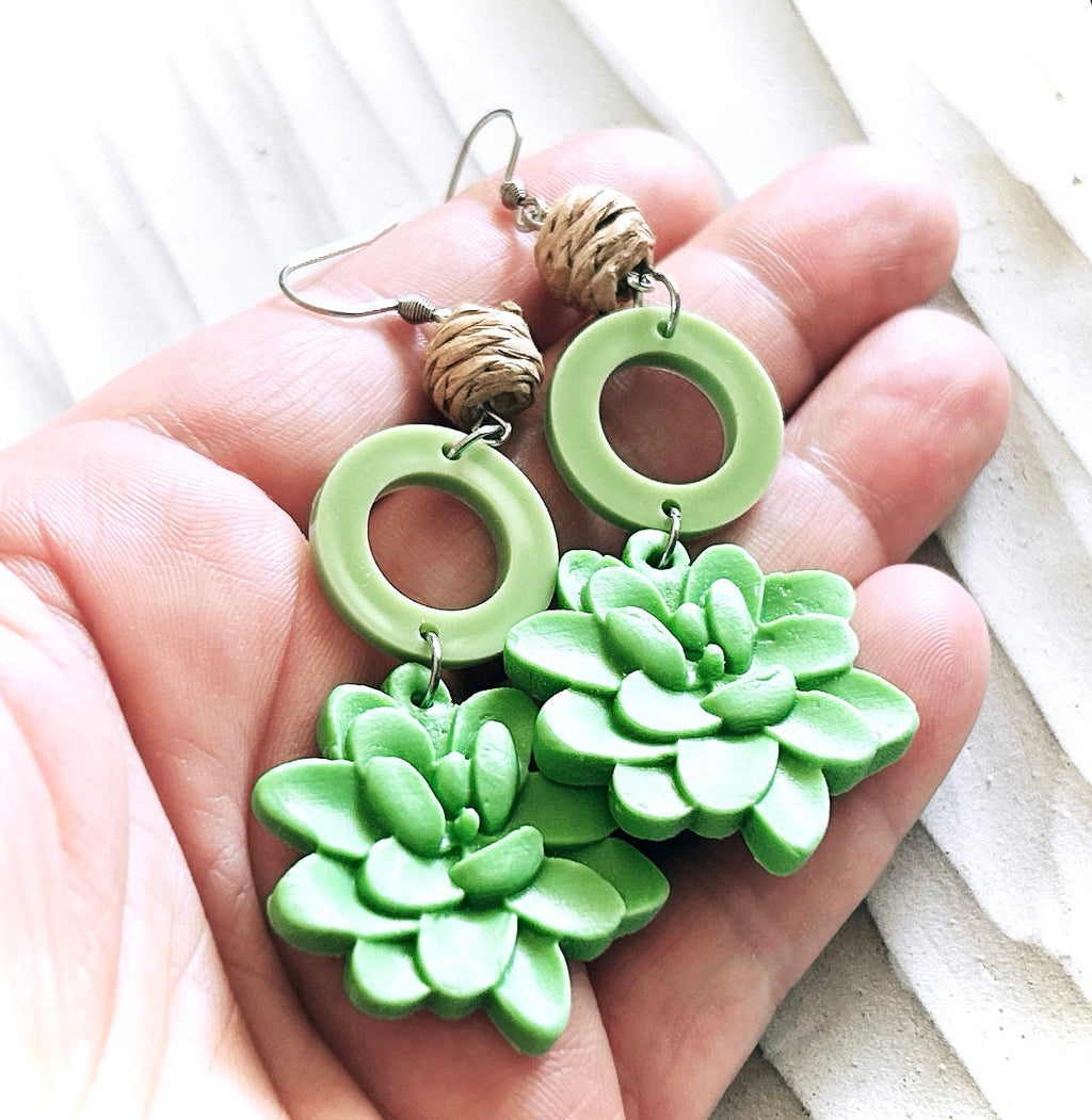 Handmade Clay Succulent Dangle Earrings, Green and Brown Raffia Dangles, Long Lightweight Boho Jewelry