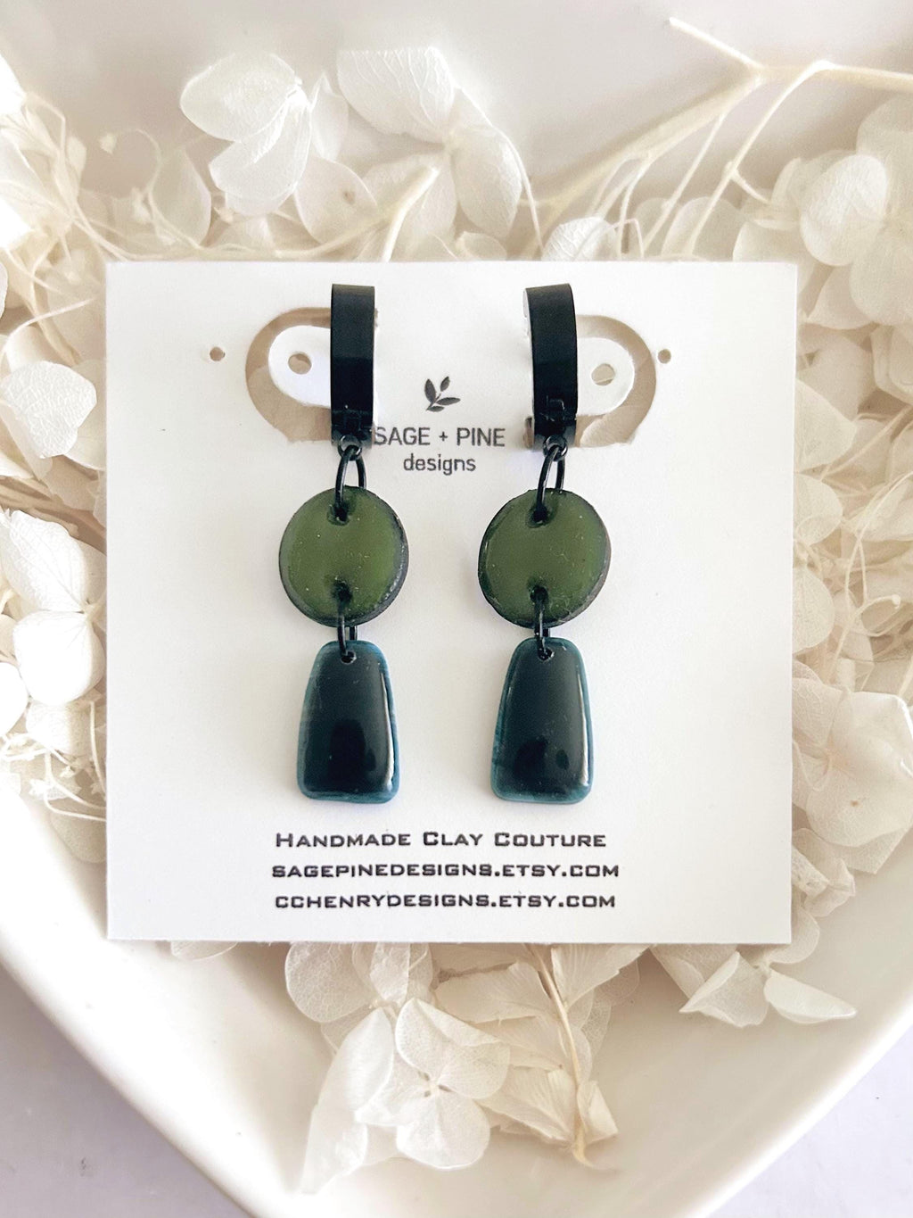 Olive Mustard Huggie Hoops, Bold Modern Earrings, Black Clay Dangles, Handmade Lightweight