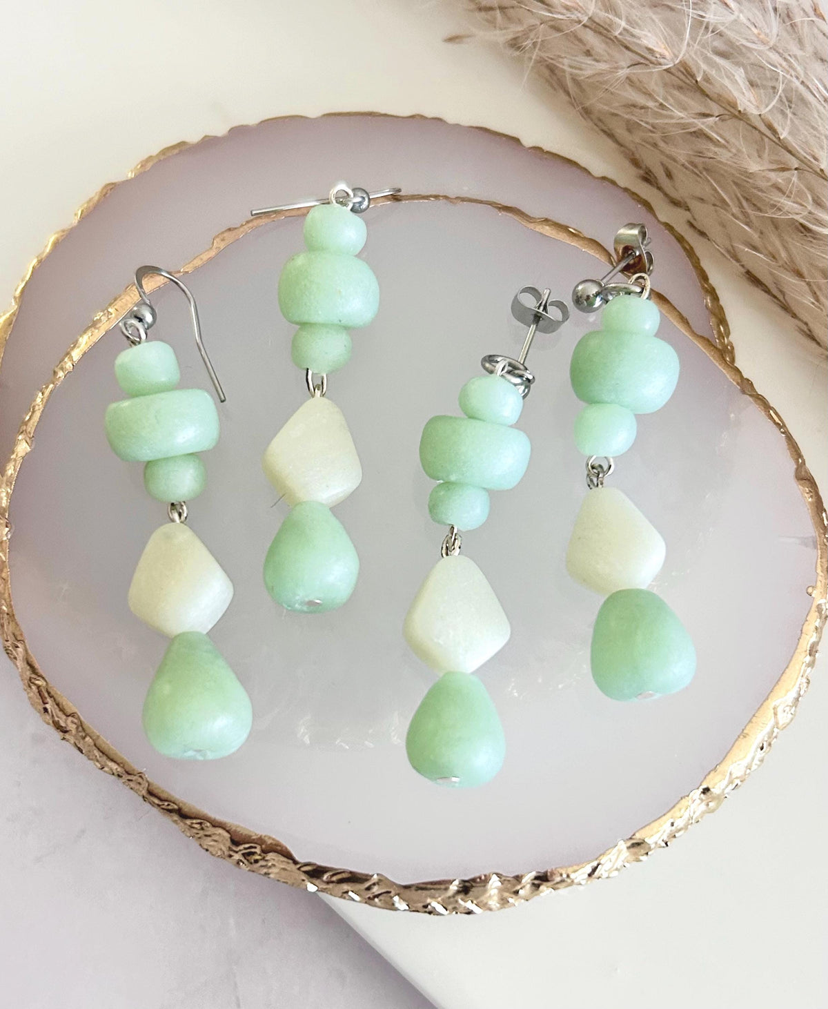 Jade Mint Beaded Dangles, Clay Drop Long Earrings, Light Green Modern Unique Handmade Jewelry