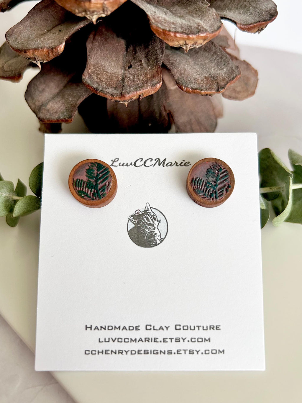 Handmade Pine Cone Stud Earrings: Wood & Clay Fall Boho Jewelry