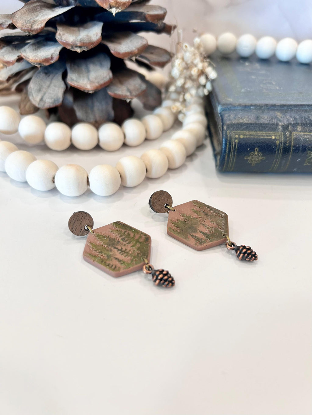 Handmade Forest Green Tree Earrings: Copper Pine Cone, Boho Dangles