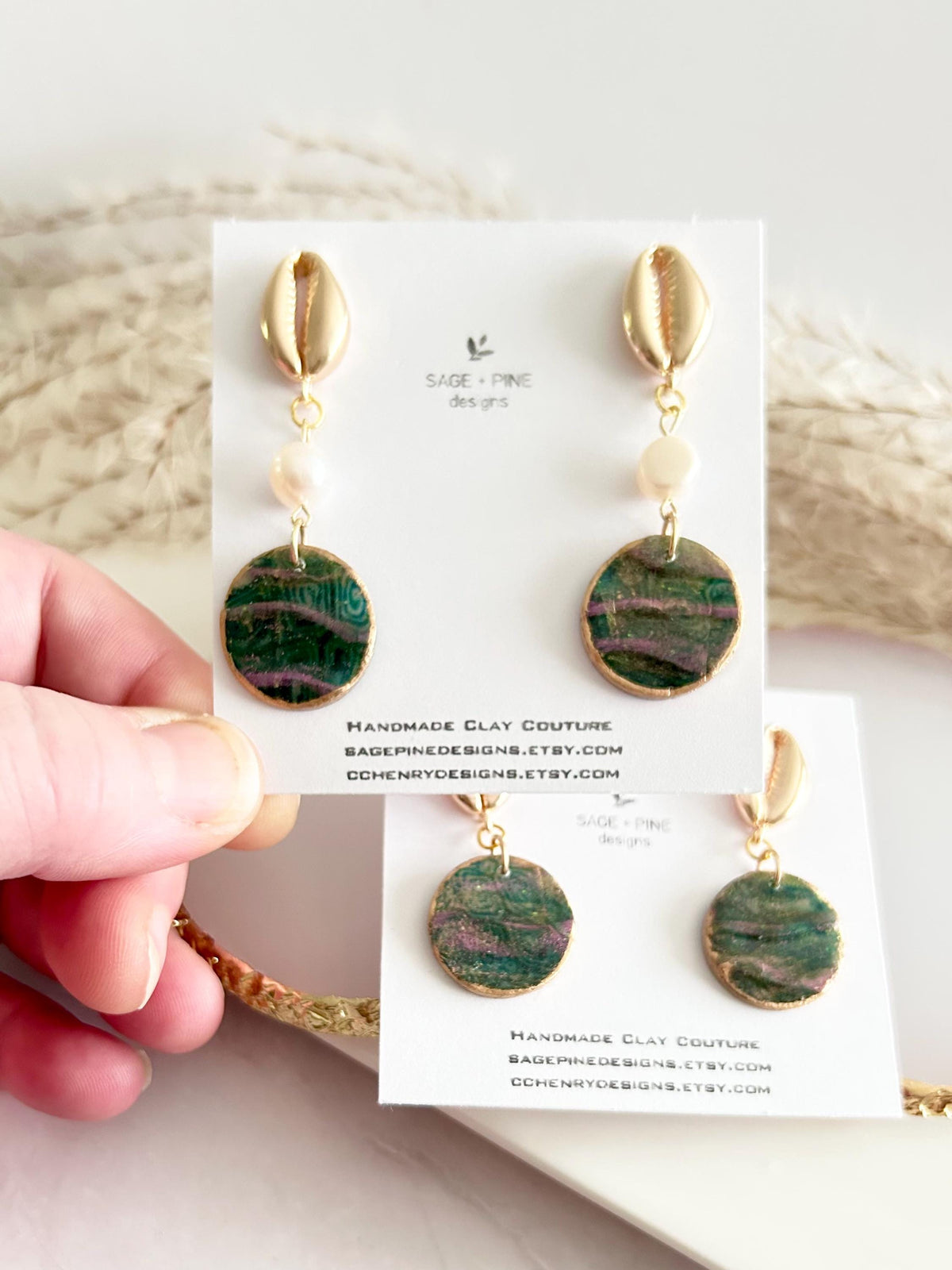 Seashell Cowrie Pearl Earrings, Coastal Vacation Faux Abalone Drop Dangles, Handmade Clay Jewelry