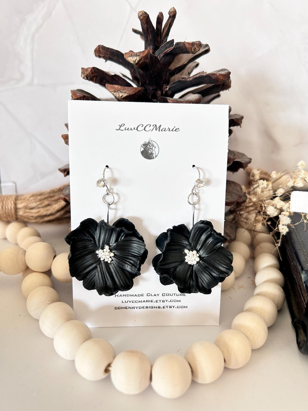 Black Dangle Flower Earrings, Big Floral Drop Dangles, Silver Rhinestone Unique Statement Jewelry Gift