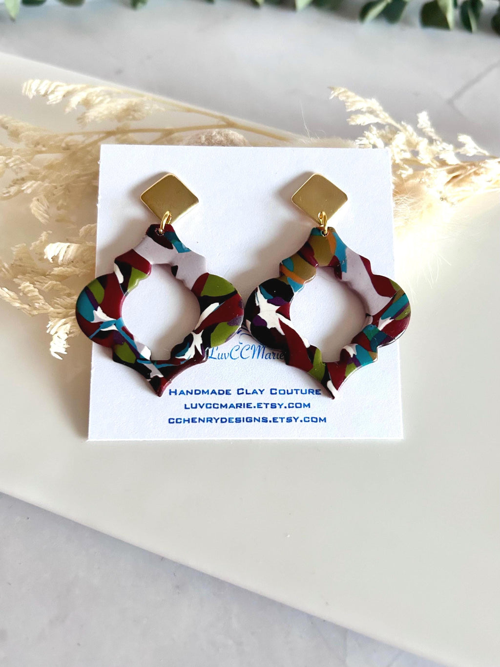 Handmade Moroccan Clay Earrings, Boho Chic Lightweight Dangles, Retro Large Multicolor Statement Jewelry
