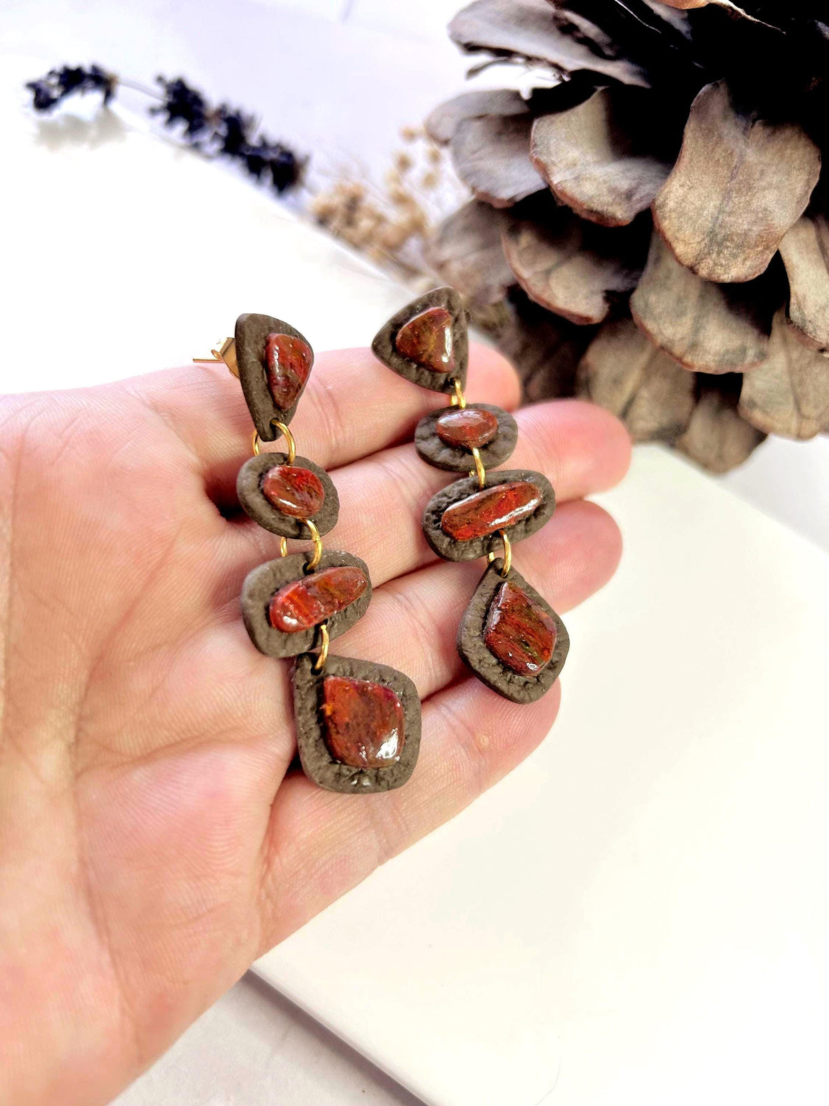 Red and Brown Marbled Stone Clay Earrings, Long Geometric Stud Dangles, Lightweight Hypoallergenic