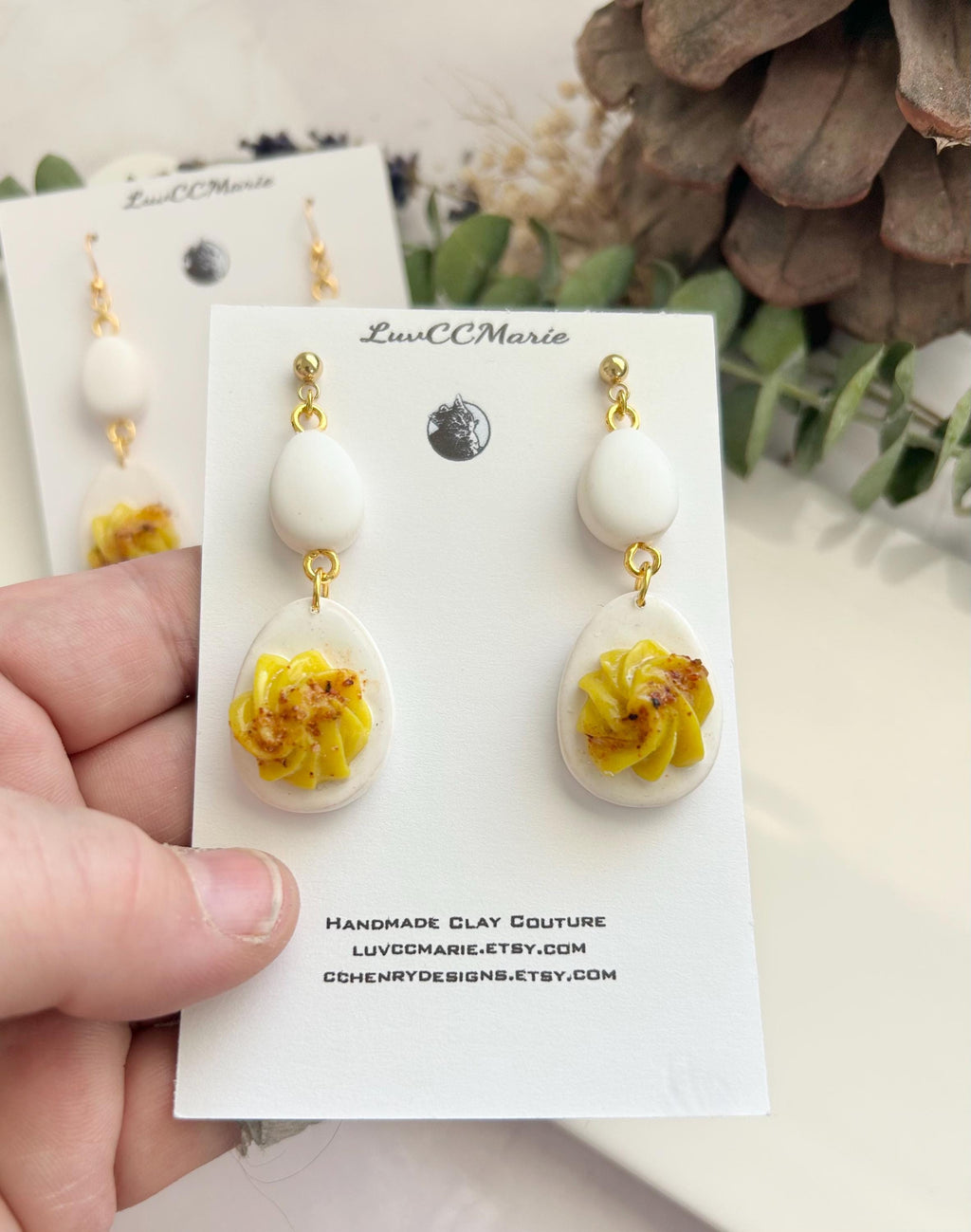 Mini Deviled Eggs Foodie Earrings, Food Shaped Dangles, Funny Egg Gift, Handmade Clay Whimsical Jewelry