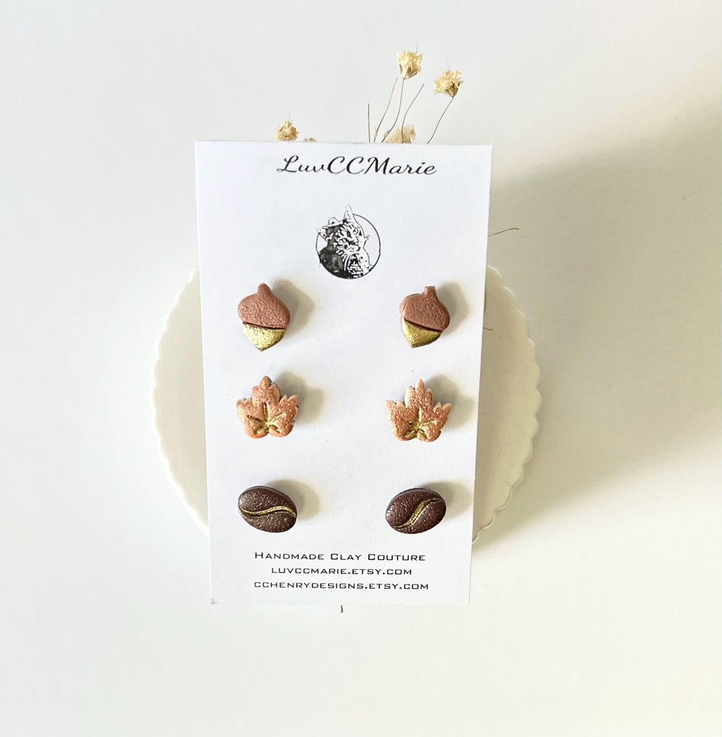 Autumn Stud Acorn Earrings, Maple Leaf Clay Post Set, Coffee Bean Jewelry, Handmade Jewelry