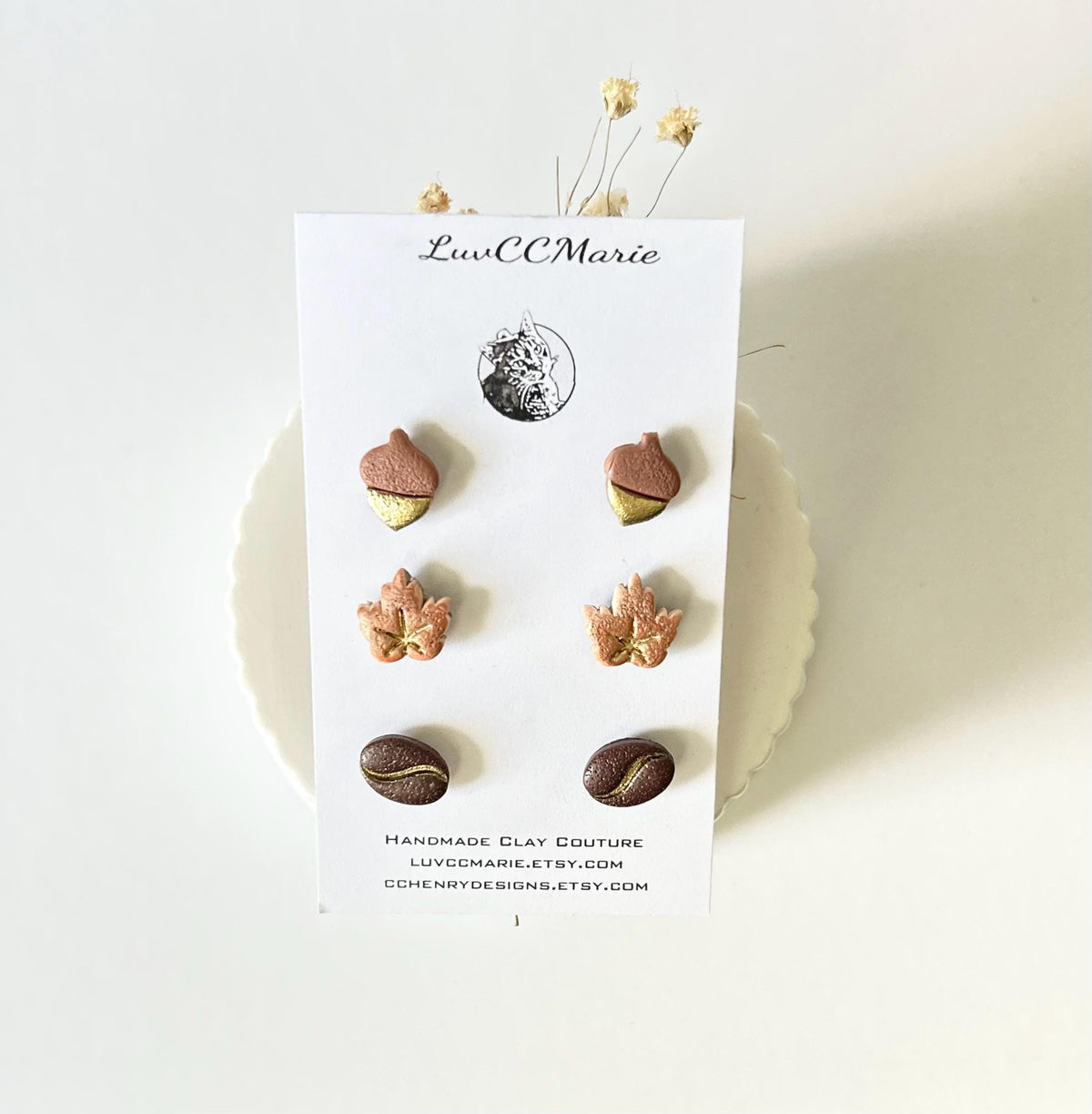 Autumn Stud Acorn Earrings, Maple Leaf Clay Post Set, Coffee Bean Jewelry, Handmade Jewelry