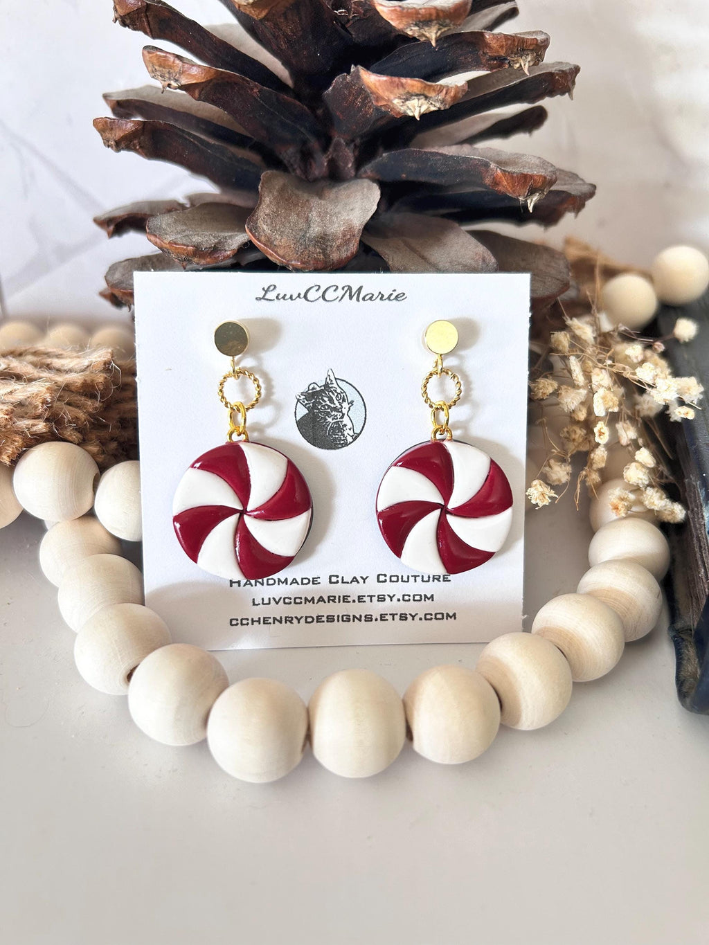 Red and White Peppermint Candy Dangle Earrings, Whimsical Holiday Clay Jewelry, Stocking Stuffers, Foodie Gift