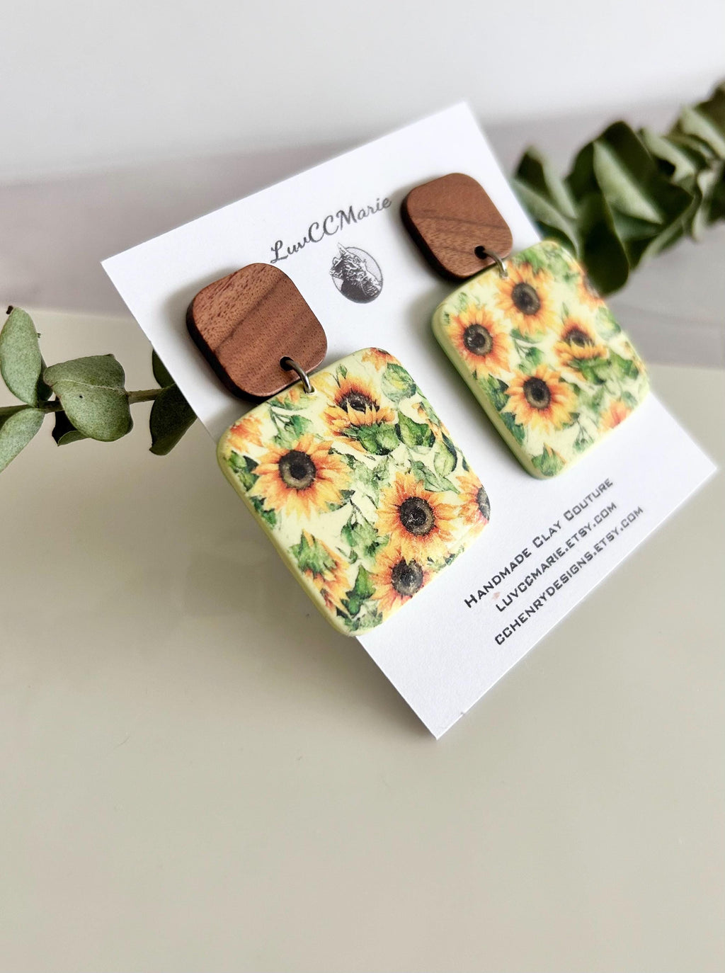 Boho Floral Earrings, Pale Yellow Wood Clay Dangles, Boho Sunflower Jewelry, Handmade Sunflower Themed Gift