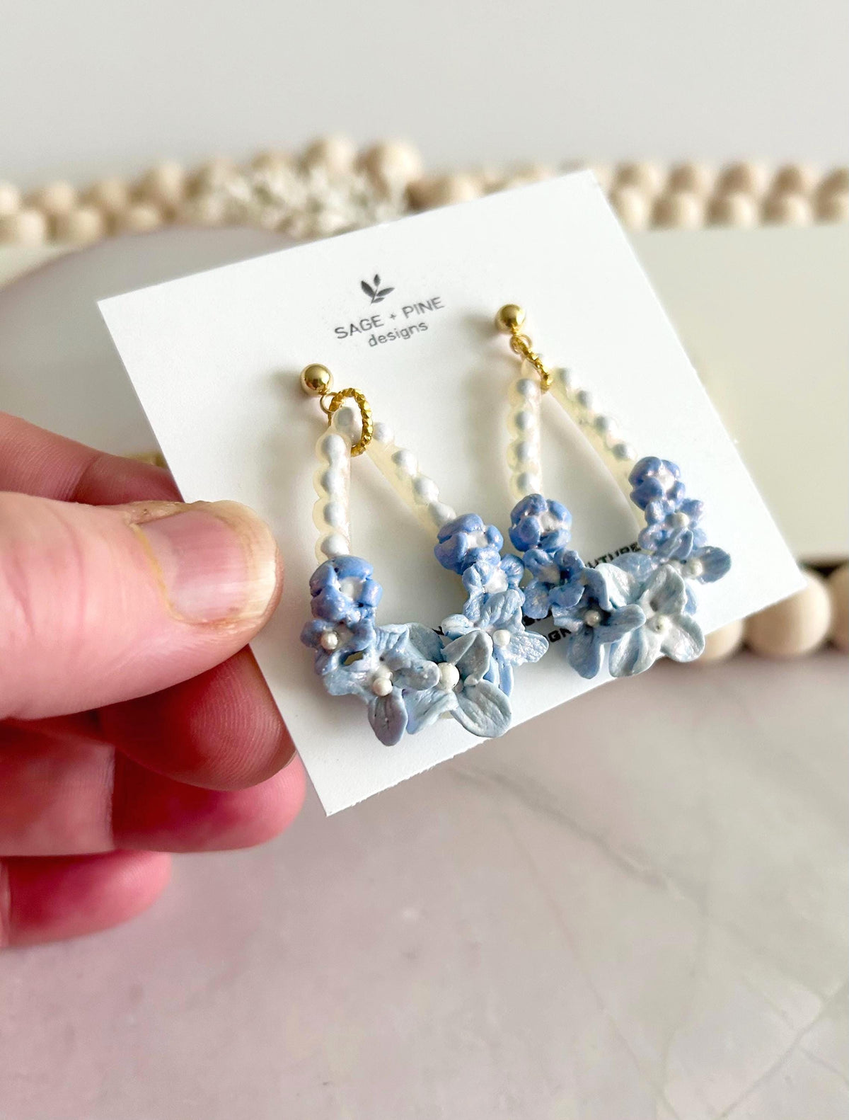 Blue Dangle Flower Earrings, Big Floral Drop Dangles, Iridescent Pearl Unique Statement Jewelry Gift