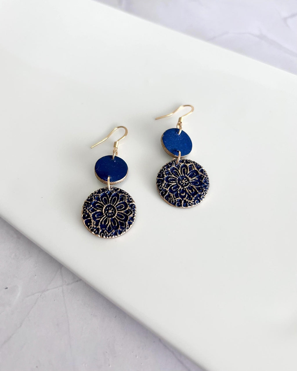 Dark Navy Blue Clay Earrings, Gold Mandala Embossed Dangles, Handmade Fashion Boho Jewelry