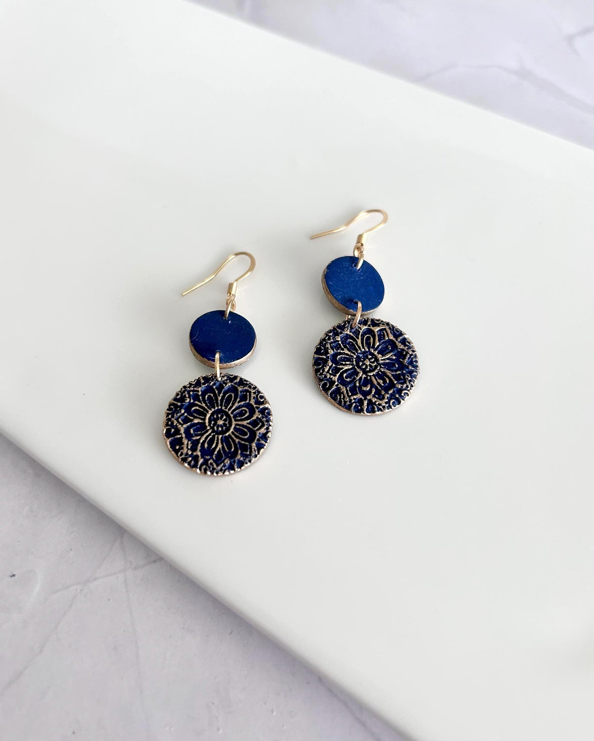 Dark Navy Blue Clay Earrings, Gold Mandala Embossed Dangles, Handmade Fashion Boho Jewelry