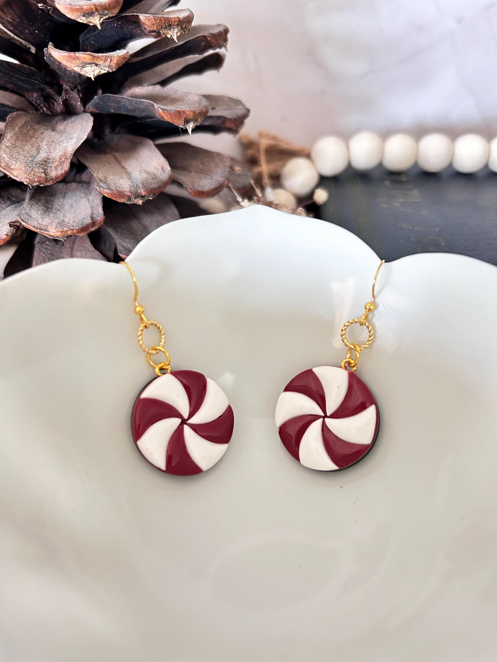 Red and White Peppermint Candy Dangle Earrings, Whimsical Holiday Clay Jewelry, Stocking Stuffers, Foodie Gift