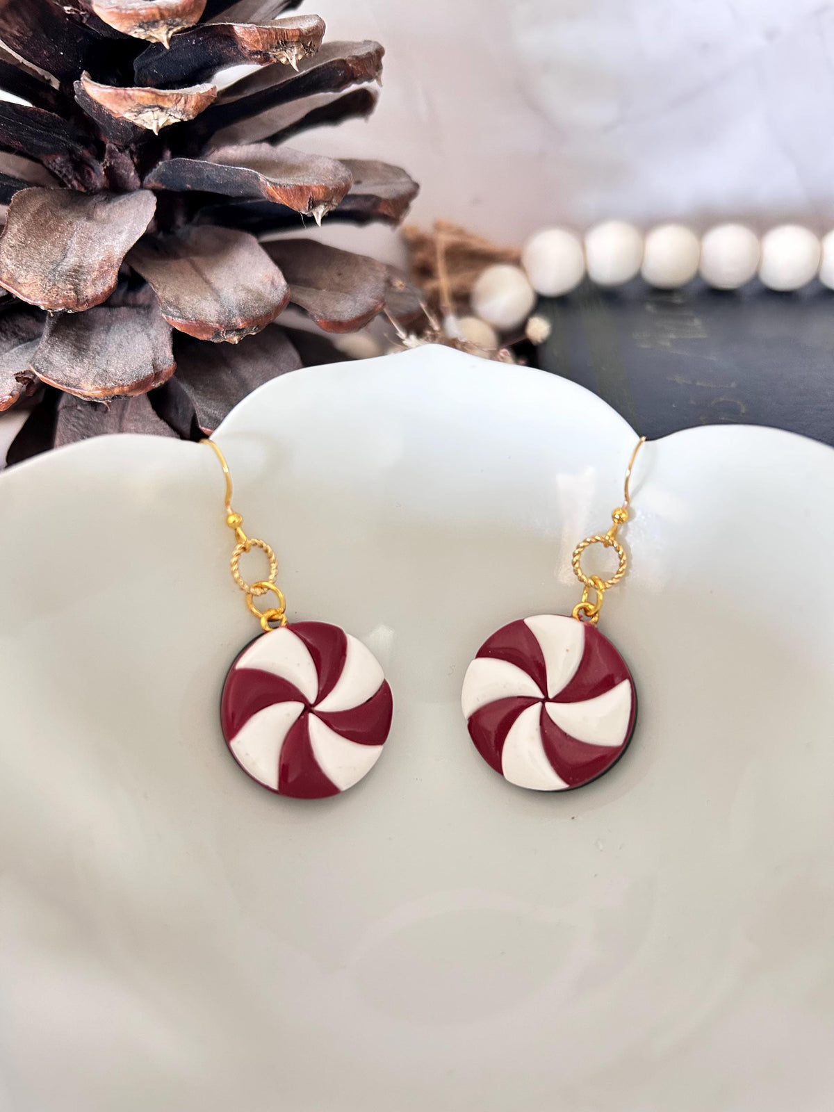 Red and White Peppermint Candy Dangle Earrings, Whimsical Holiday Clay Jewelry, Stocking Stuffers, Foodie Gift
