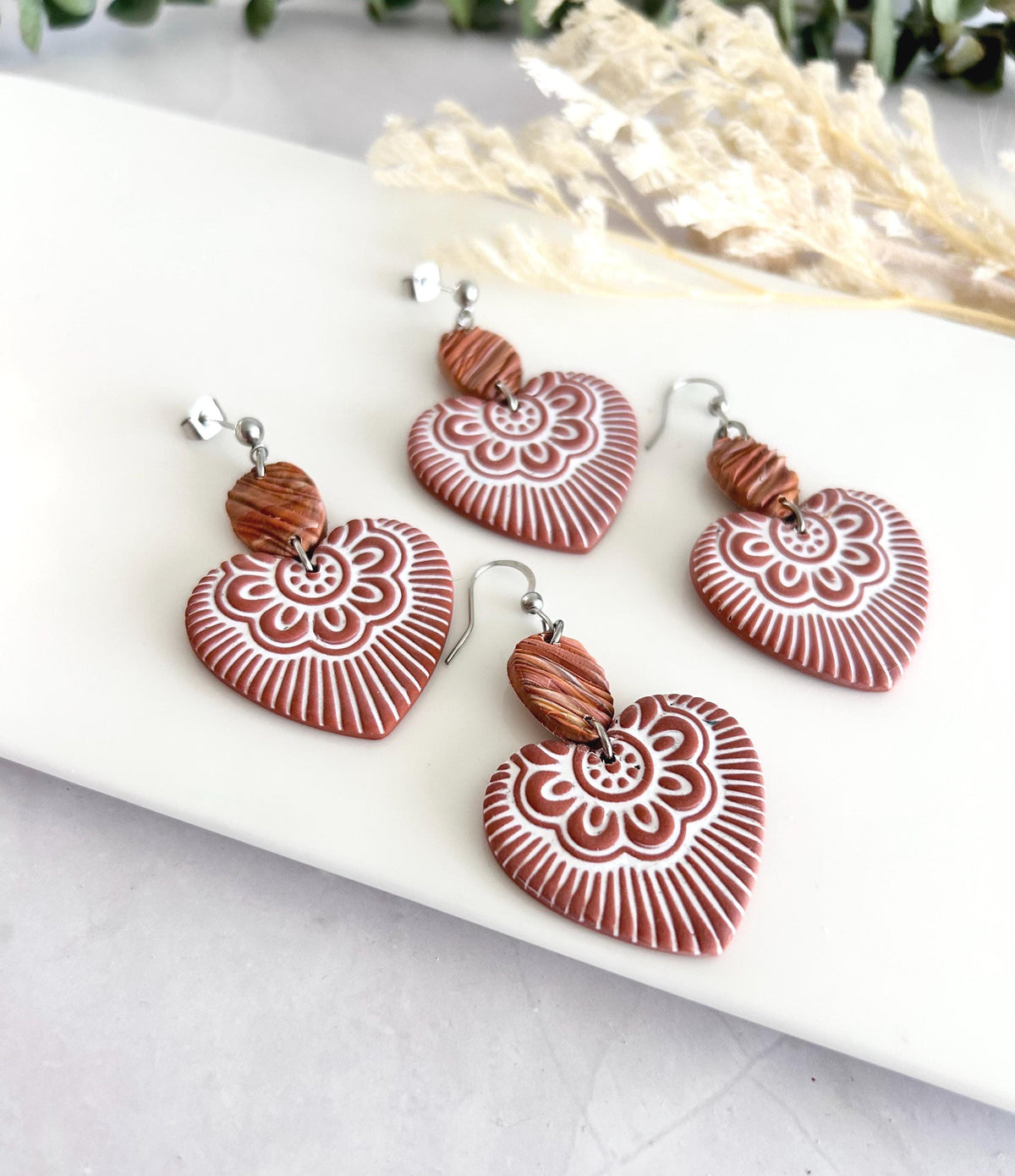 Heart Dangles, Folk Art Clay Earrings, Boho Terracotta Polymer Handmade Jewelry Gifts