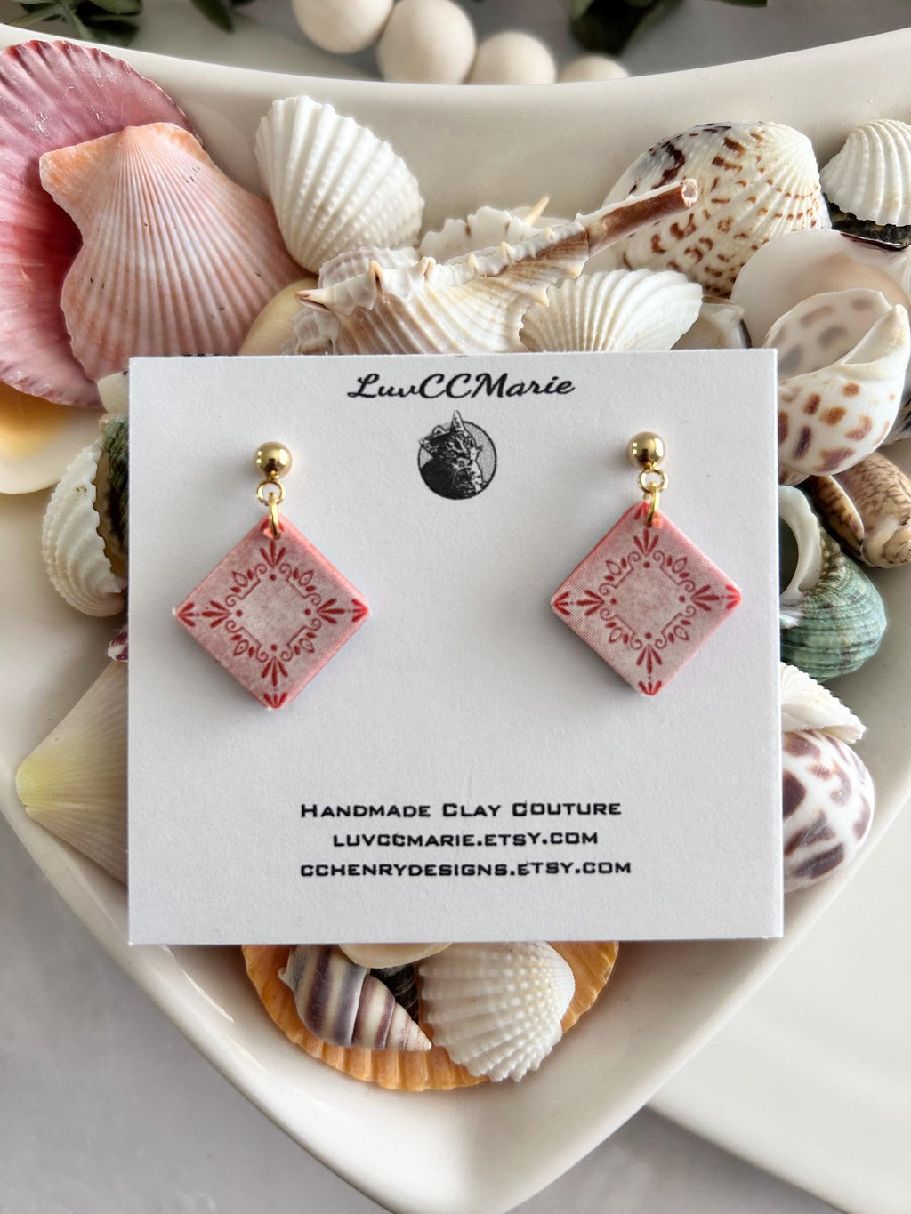 Coral Tile Clay Earrings: Hand-Painted Boho Dangle Jewelry