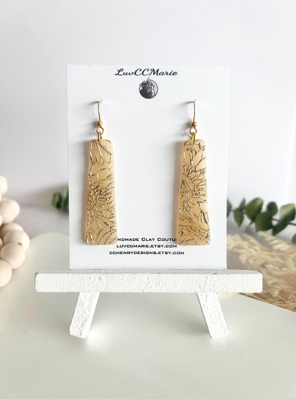 Sunflower Earrings, Bar Dangles, Gold and Cream, Handmade Lightweight Hypoallergenic Jewelry