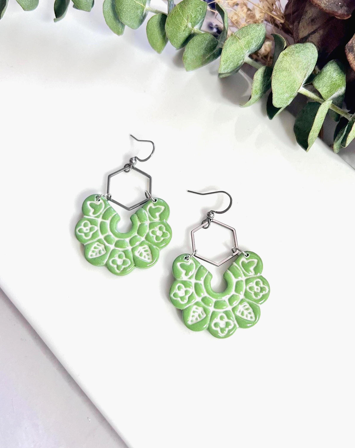 Green Large Earrings with Leaves, Handmade Hoop Long Hanging Modern Drops, Fall Leaf Jewelry