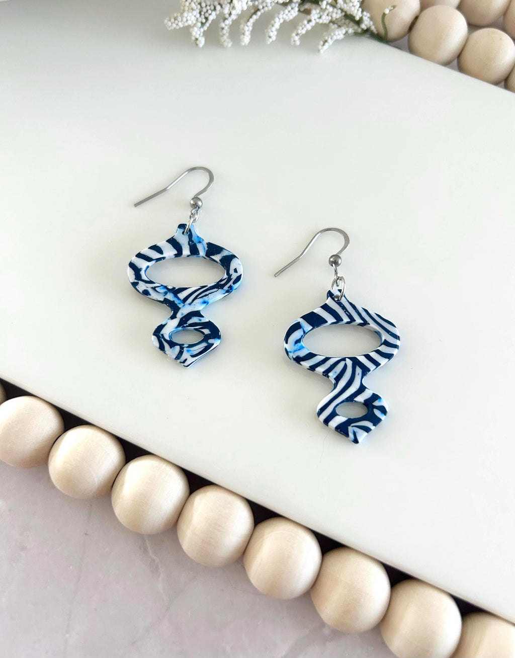 Navy and White Clay Earrings, Modern Moroccan Drop Dangles, Handmade Jewelry Gift