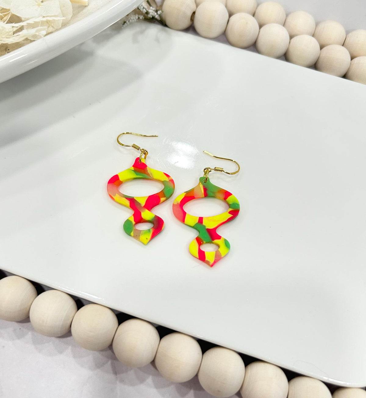 Handmade Neon 80s Polymer Clay Dangle Earrings, Mid-Century Modern Retro Vintage Style Dangles