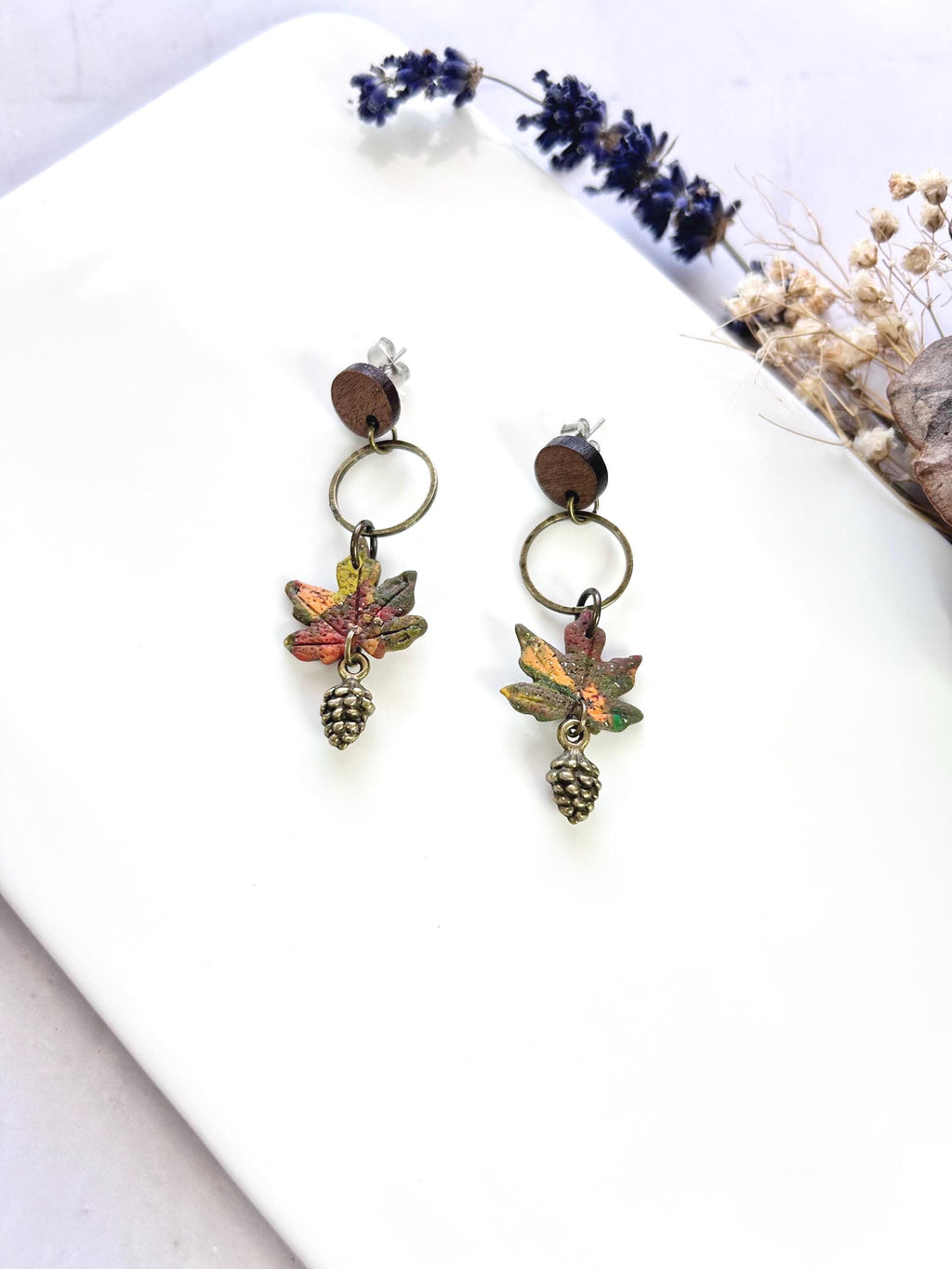 Watercolor Leaf Clay Earrings, Pine Cone Dangles: Walnut and Bronze Boho Jewelry